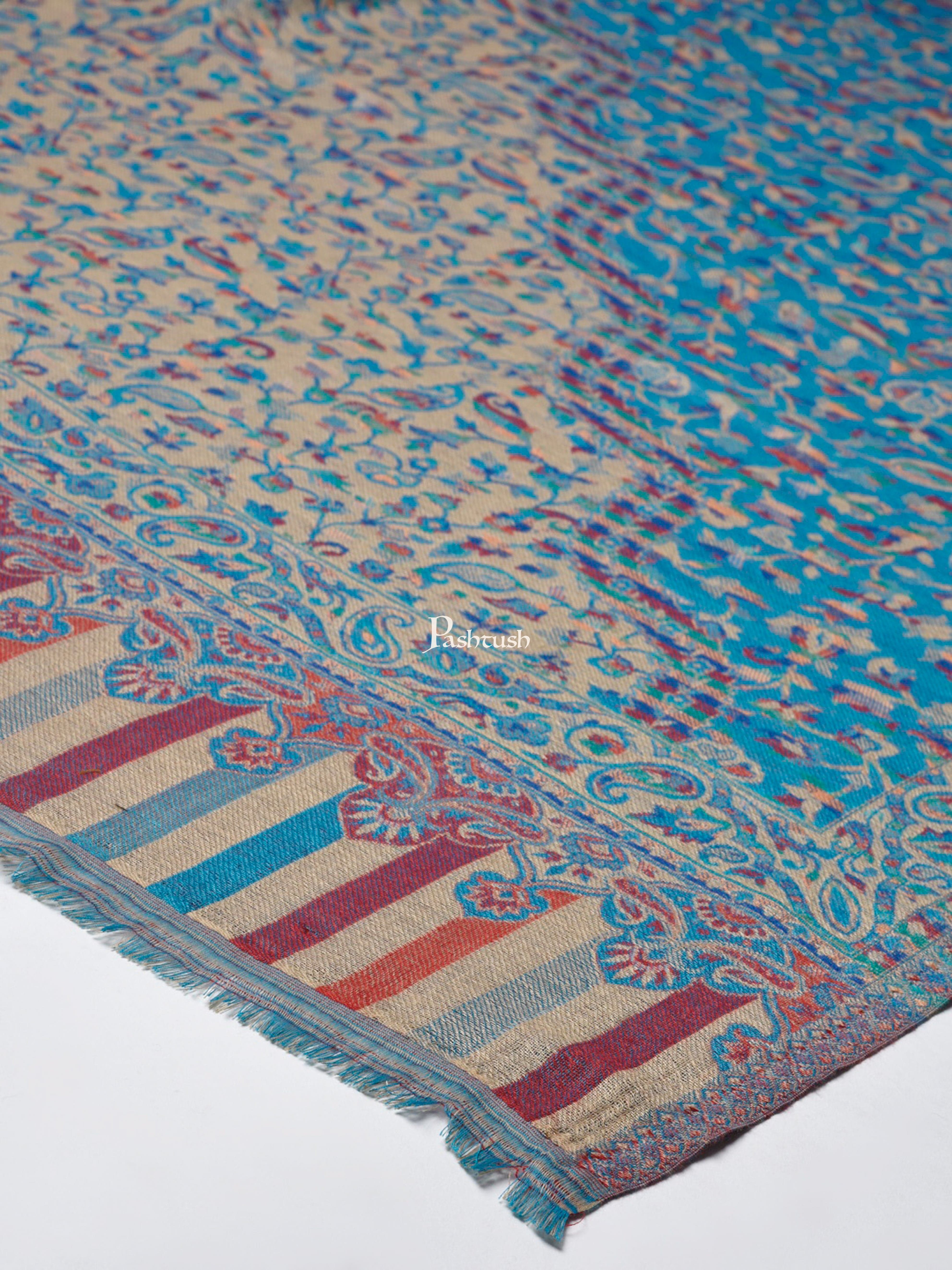 Pashtush Women Faux Pashmina, Woven Design Jamawar Shawl, Blue Beige - Image 2