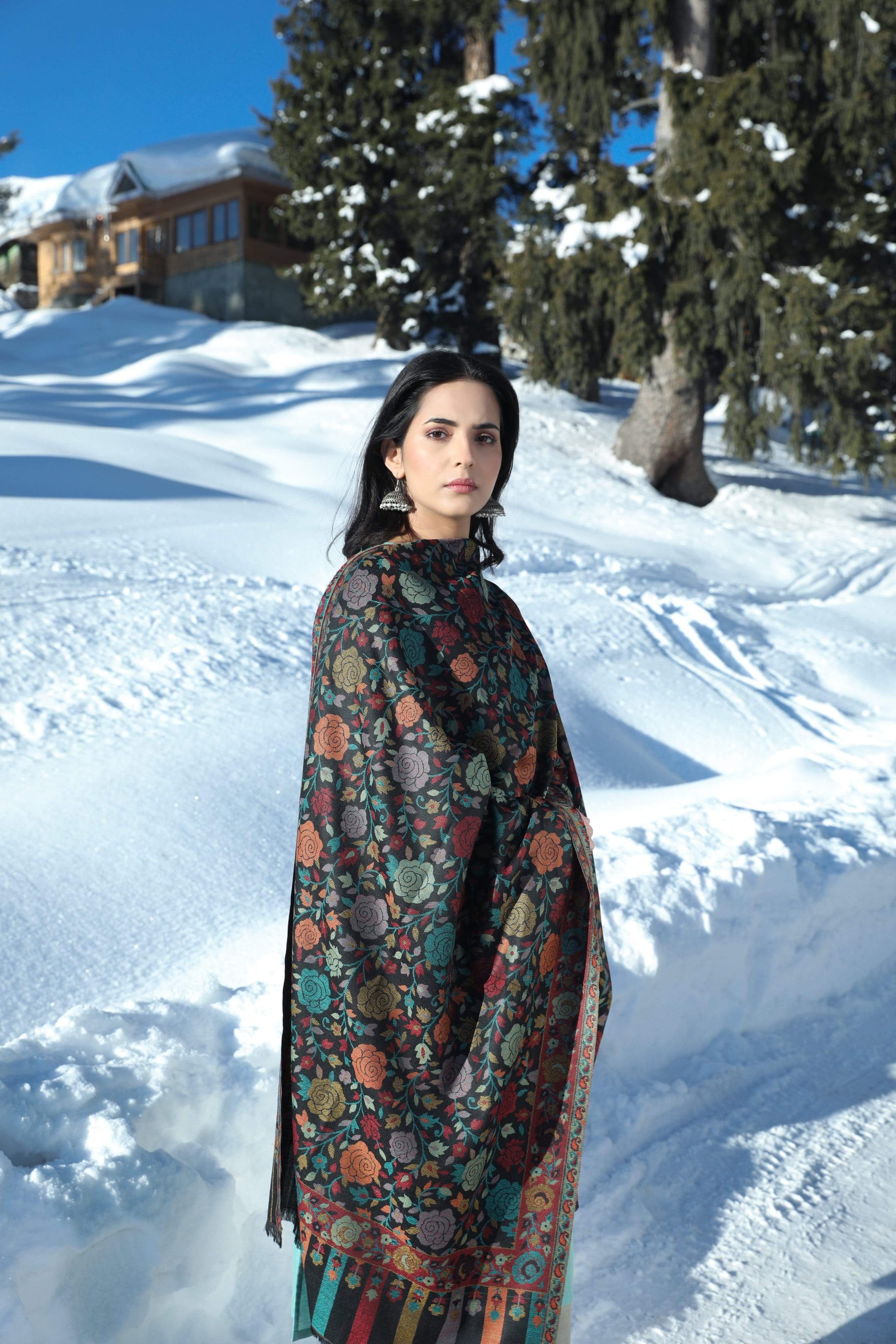 Pashtush Women Extra Fine Wool, Gulaabdar Stole, Ethnic Weave, Black
