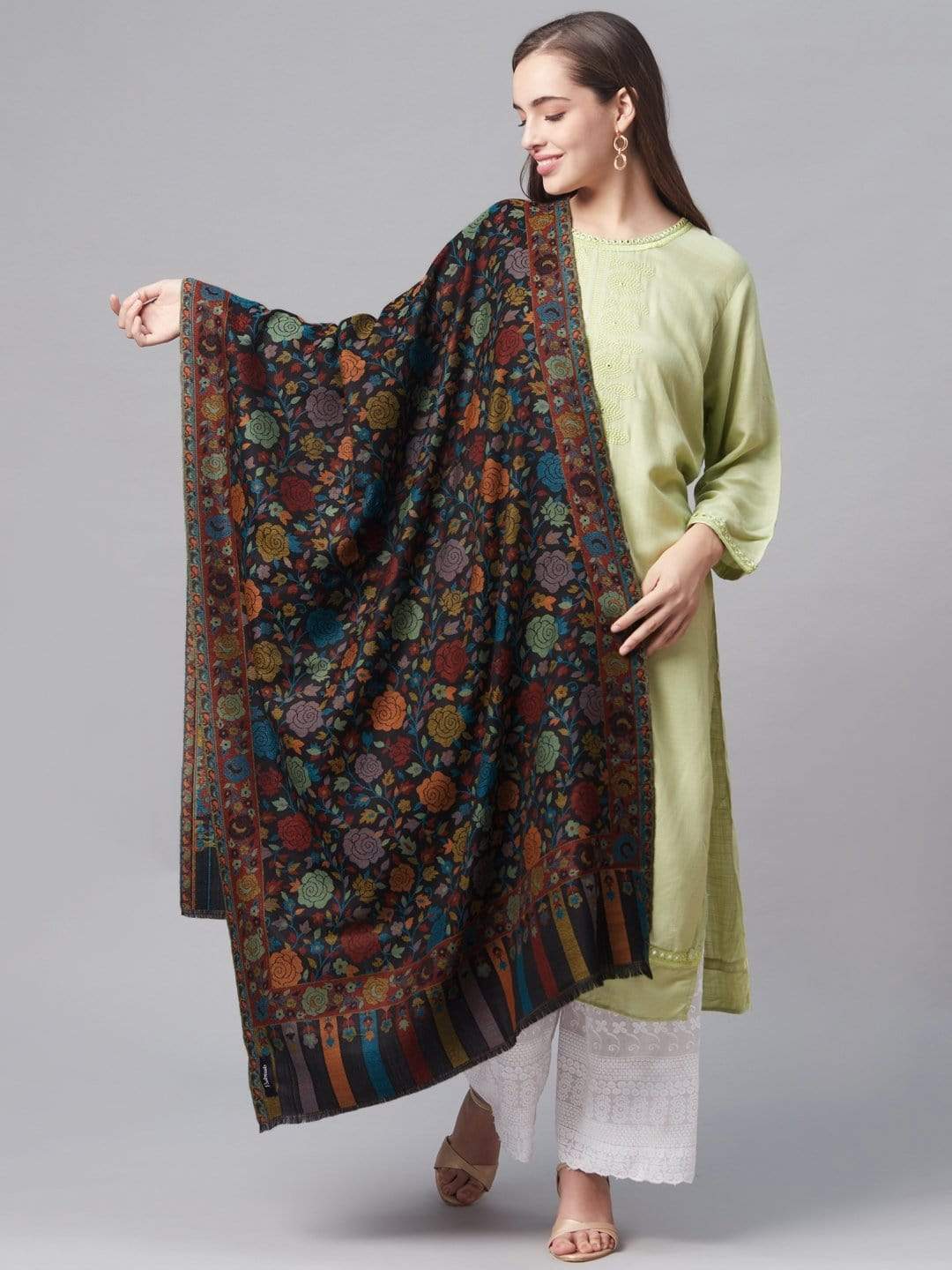 Pashtush Women Extra Fine Wool, Gulaabdar Stole, Ethnic Weave, Black - Image 4