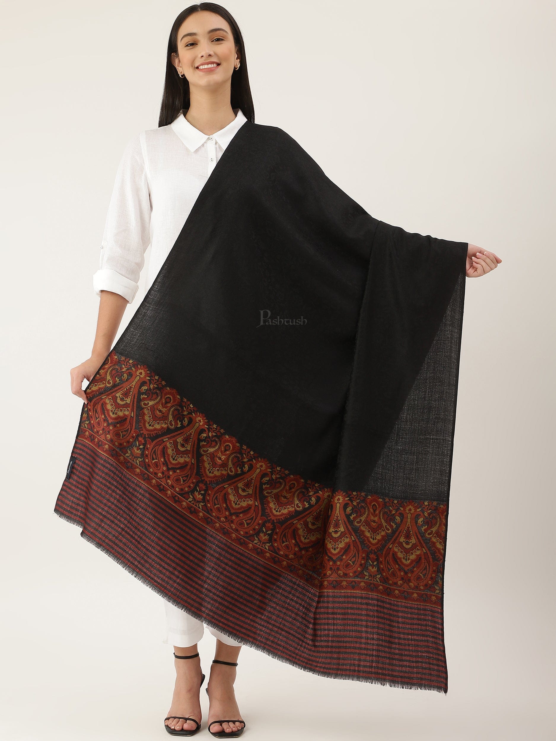 Pashtush Women Extra Fine Wool shawl, Ethnic motifs design, Black - Image 3