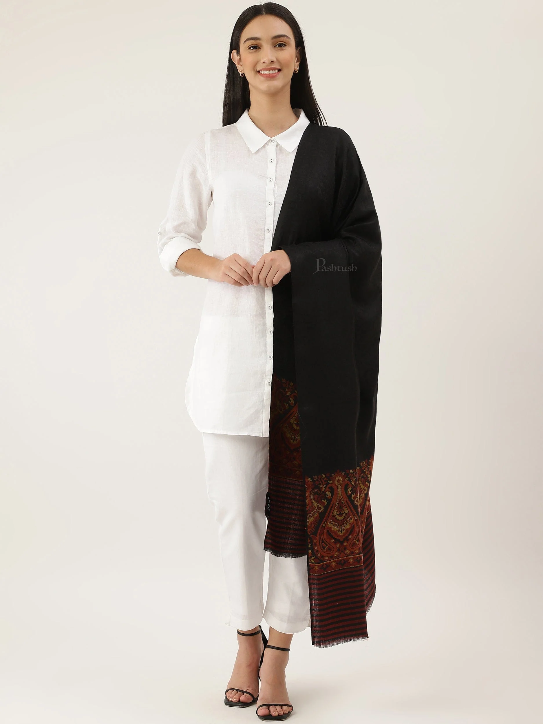 Pashtush Women Extra Fine Wool shawl, Ethnic motifs design, Black - Image 4