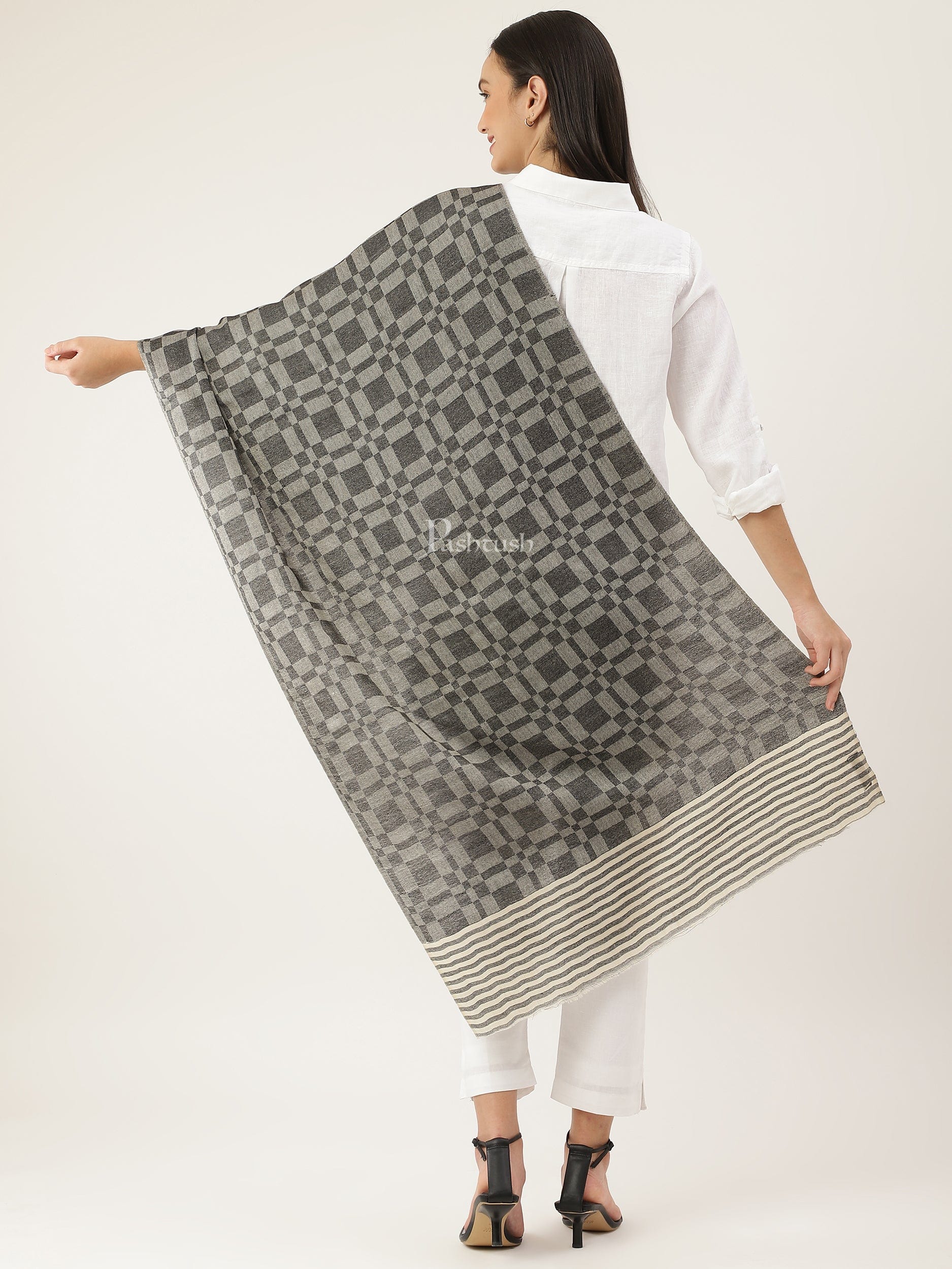 Pashtush women Extra Fine Wool stole, checkered design, Black