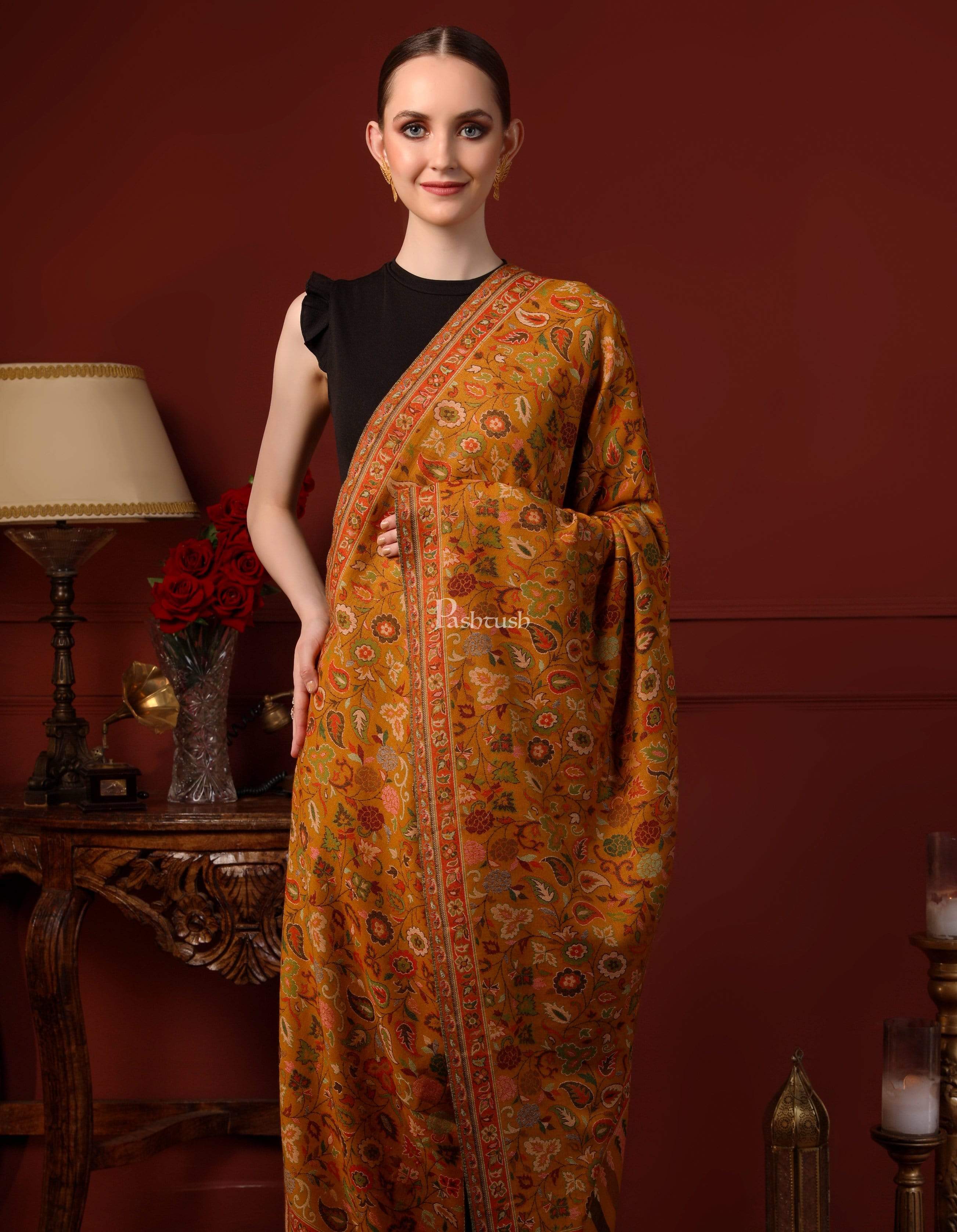 Pashtush Women Faux Pashmina Ethnic Weave Shawl, Mustard - Image 5