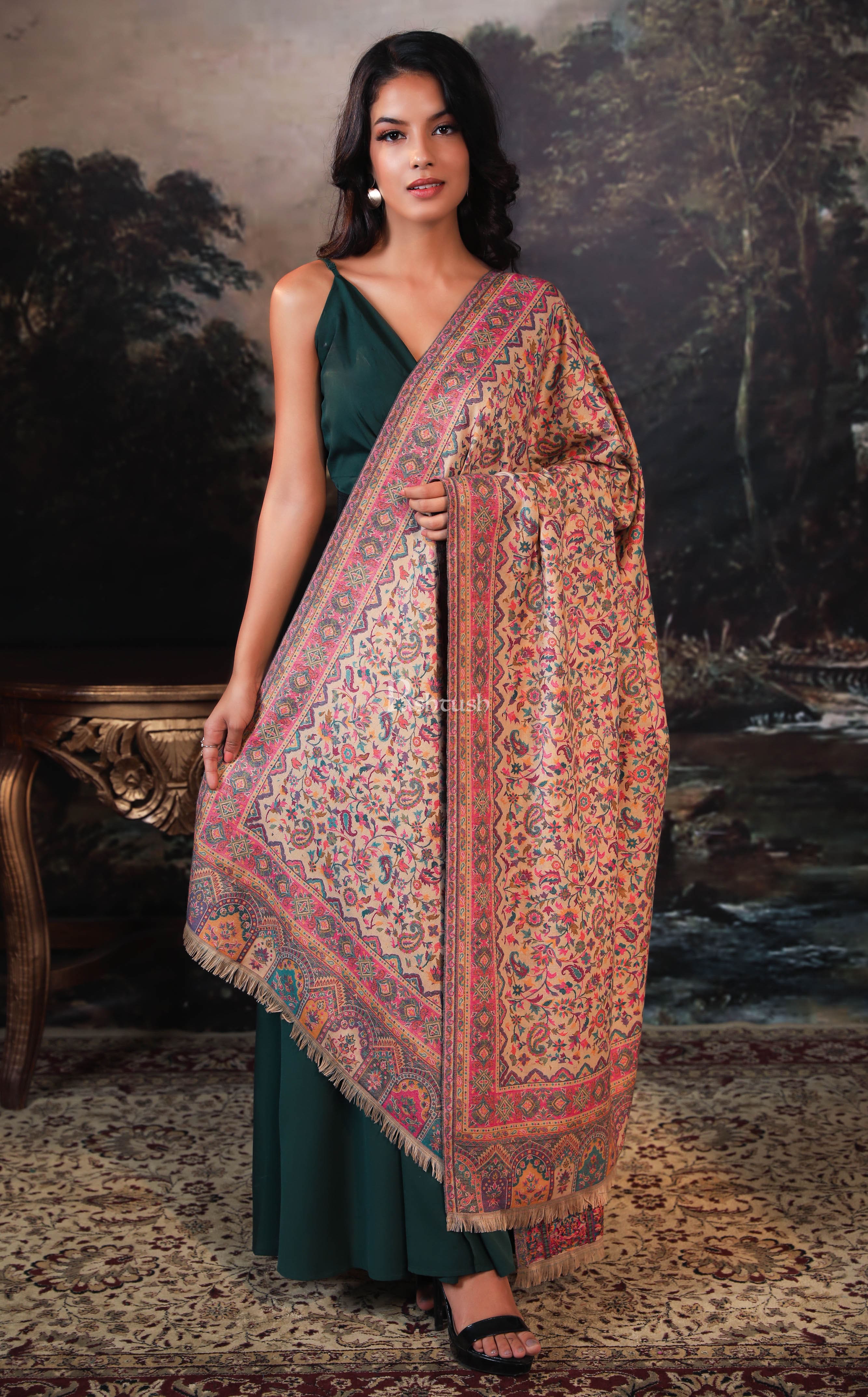 Pashtush women faux pashmina shawl, ethnic weave design, beige - Image 4