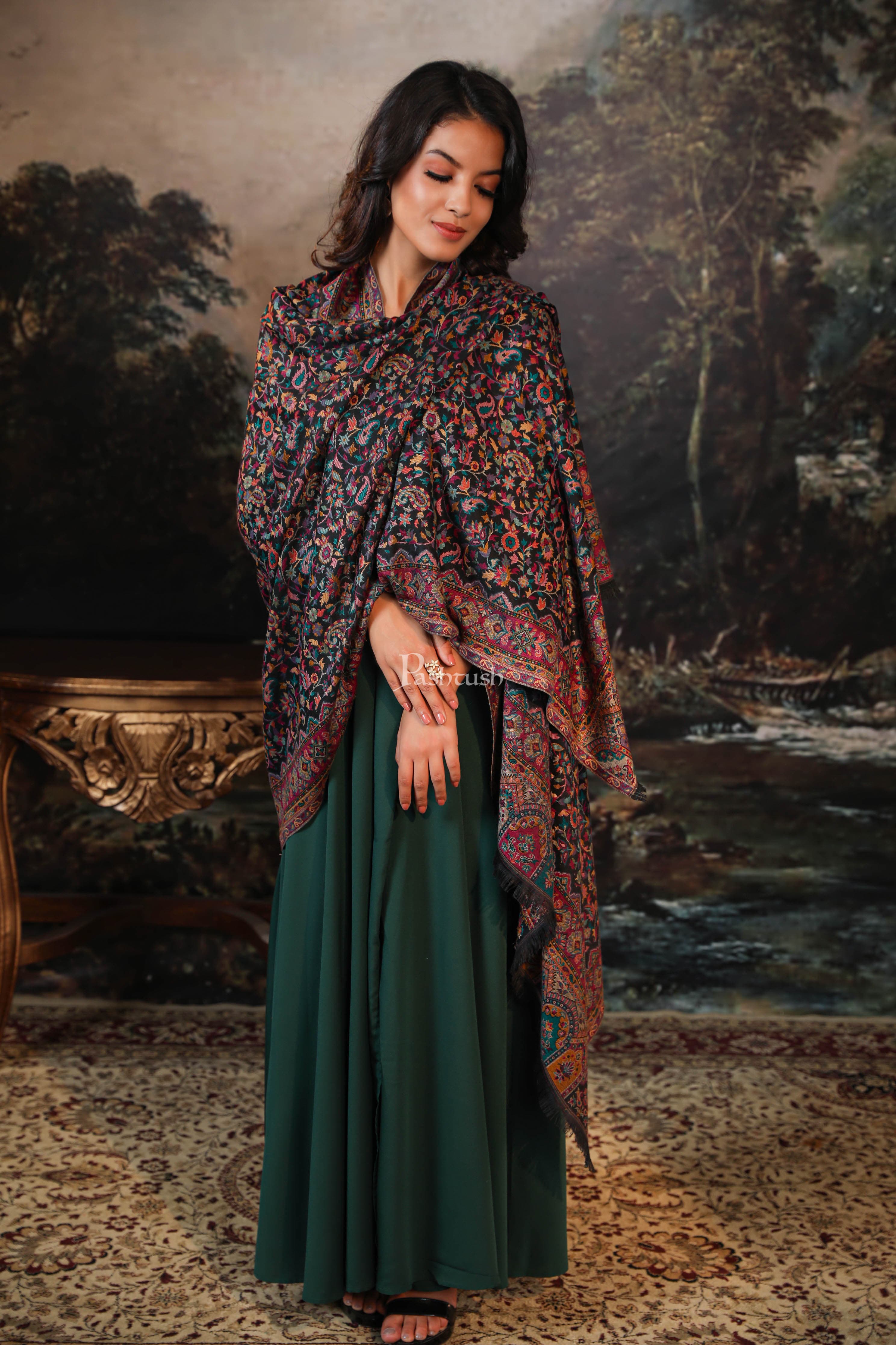 Pashtush women faux pashmina shawl, ethnic weave design, black - Image 3