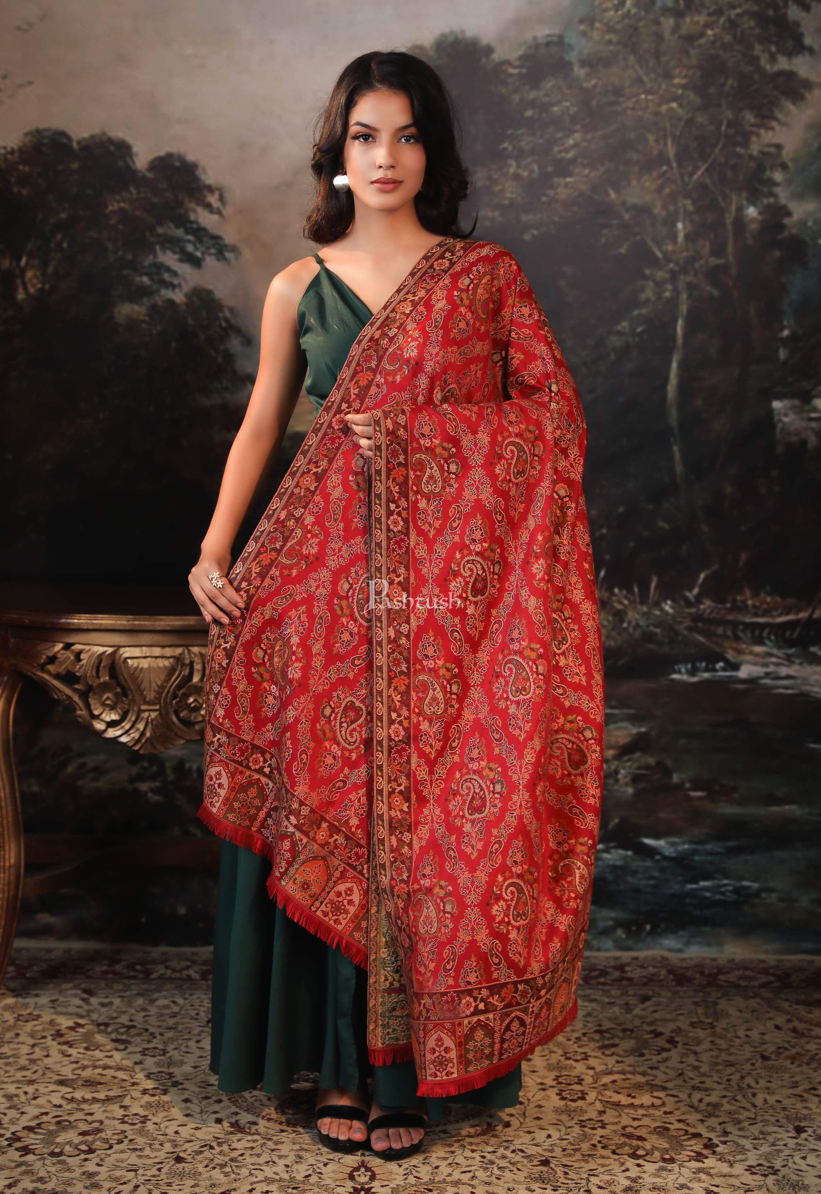 Pashtush women faux pashmina shawl, ethnic weave design, maroon - Image 4