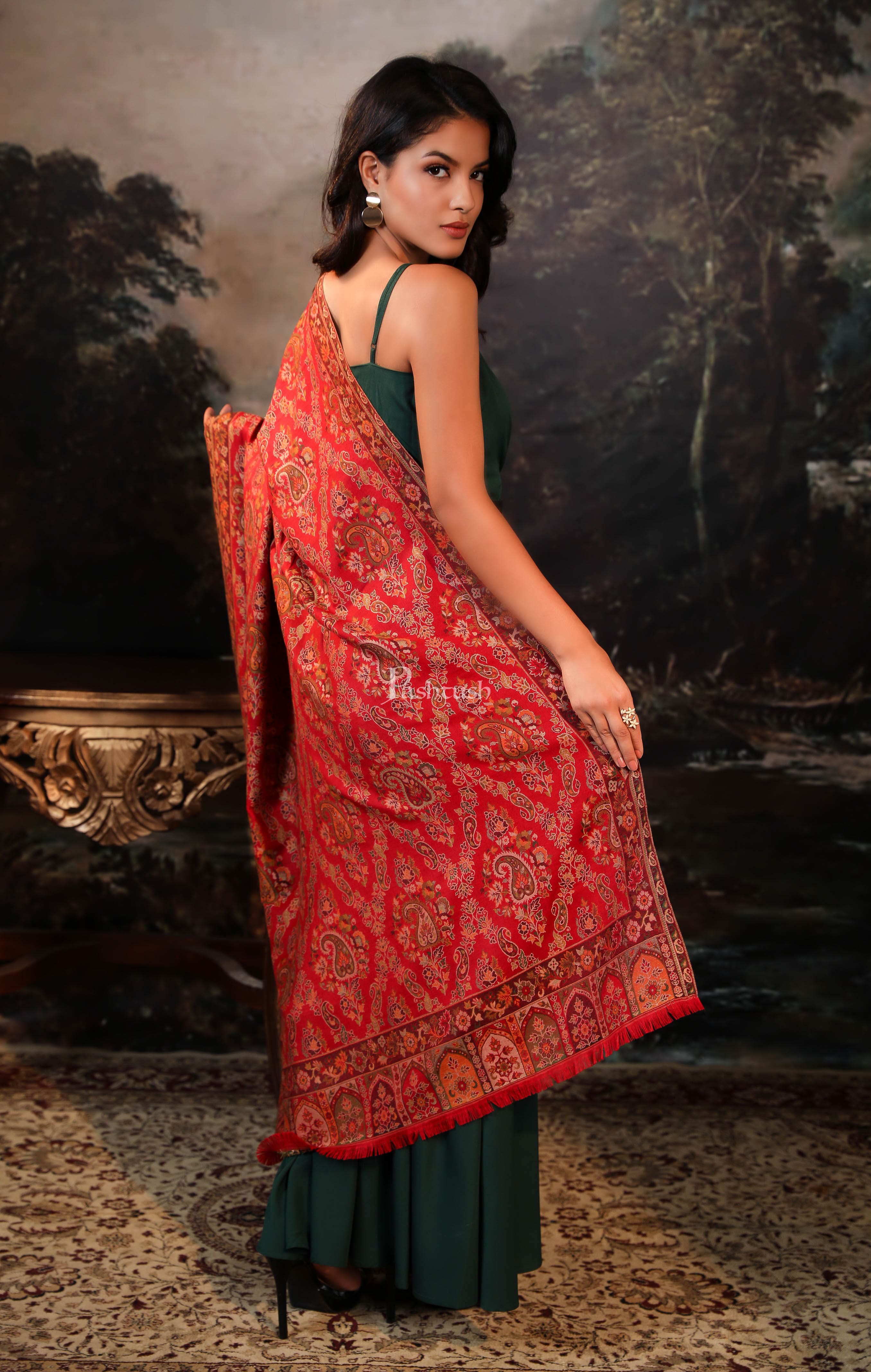 Pashtush women faux pashmina shawl, ethnic weave design, maroon - Image 5
