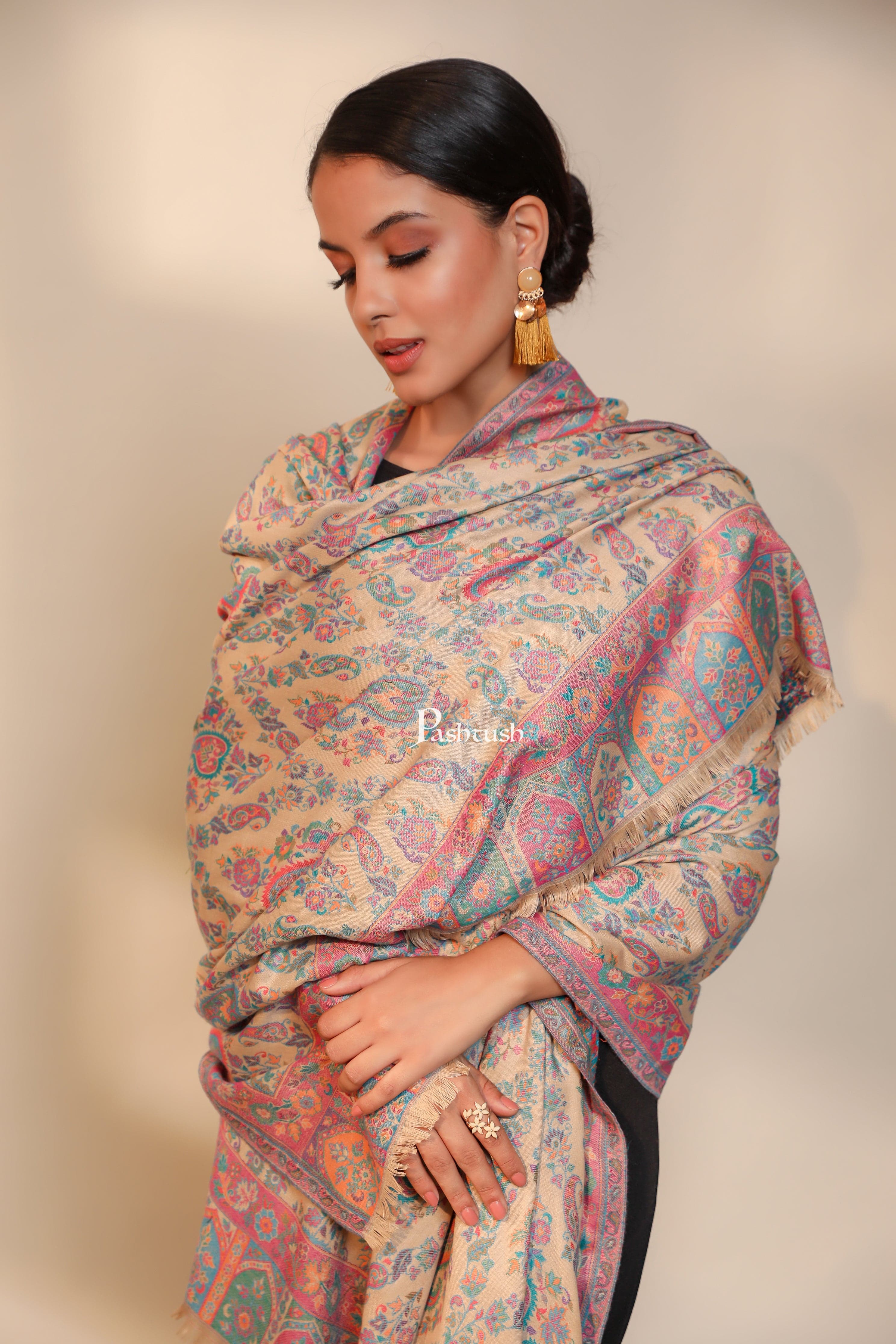 Pashtush women faux pashmina shawl, ethnic weave design, multi color