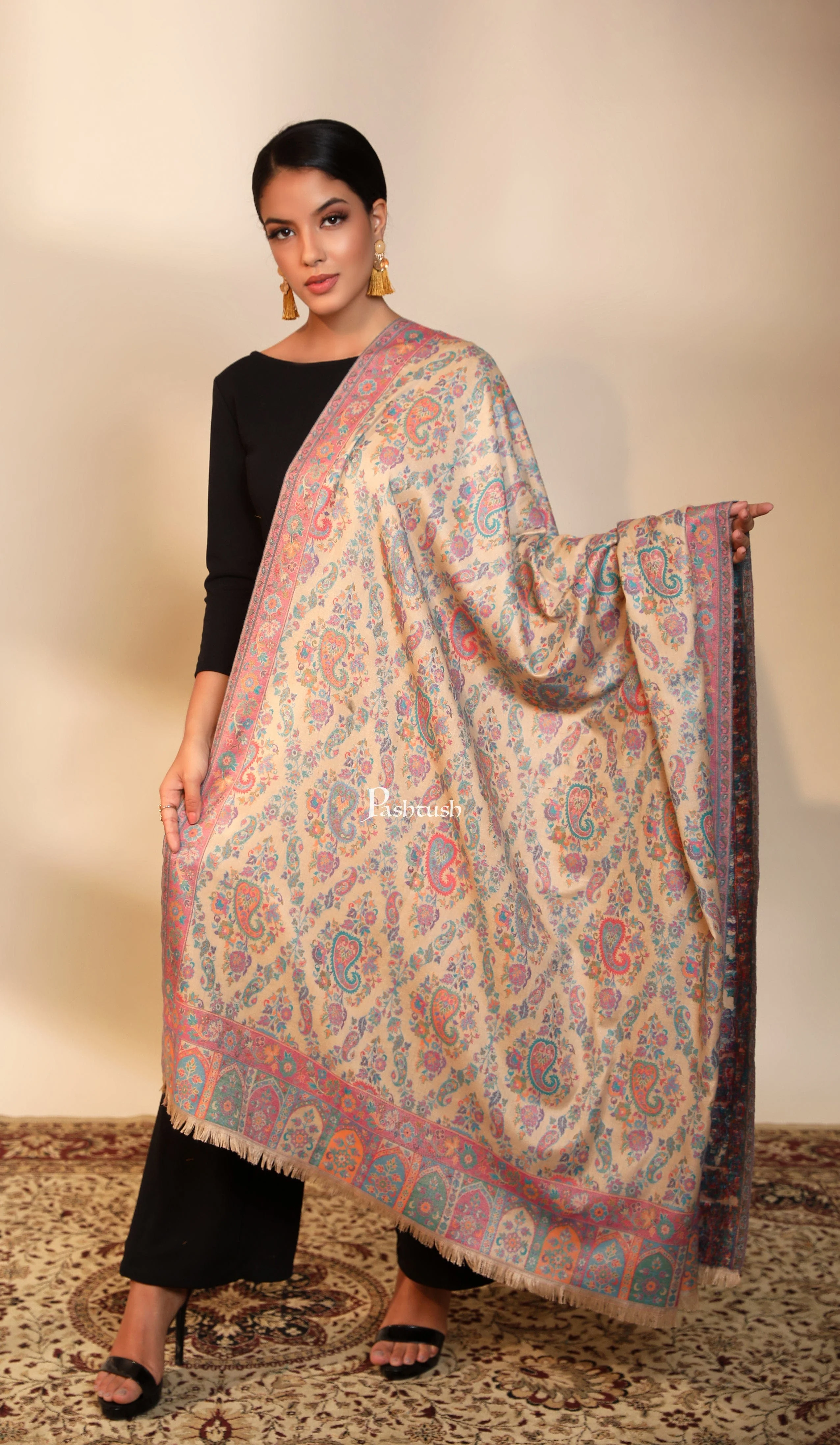 Pashtush women faux pashmina shawl, ethnic weave design, multi color - Image 2