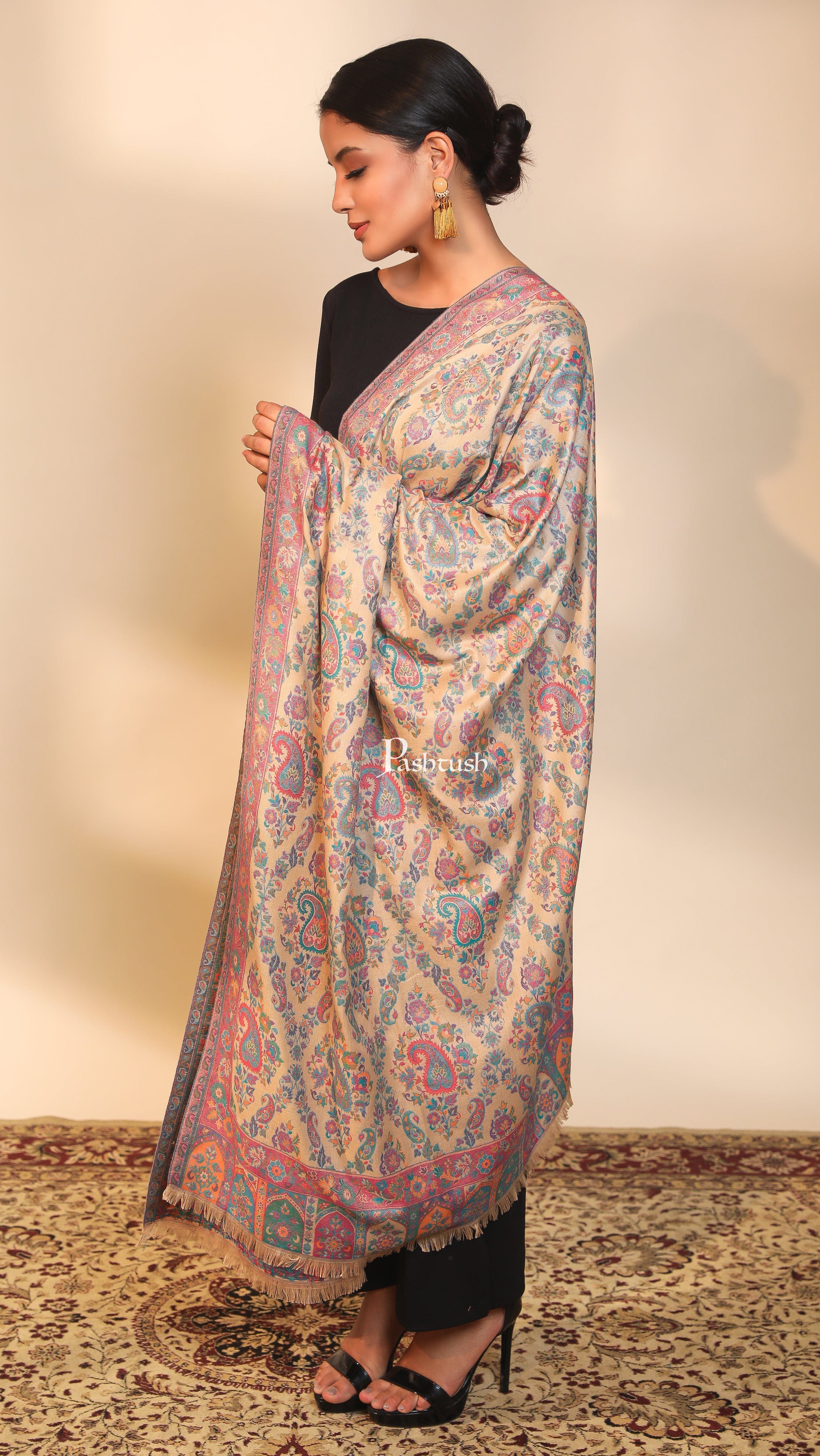 Pashtush women faux pashmina shawl, ethnic weave design, multi color - Image 5