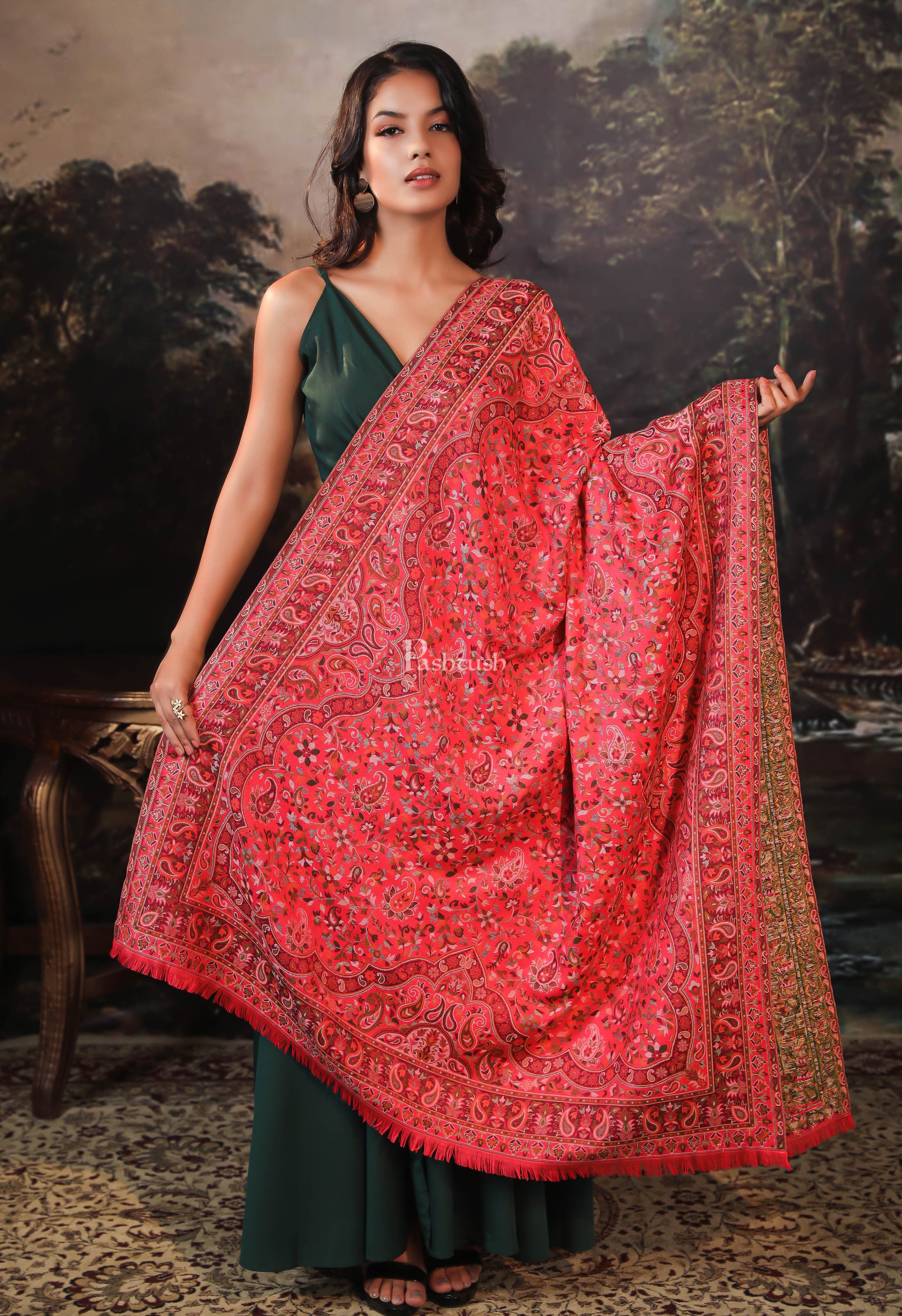Pashtush women faux pashmina shawl, ethnic weave design, multi color