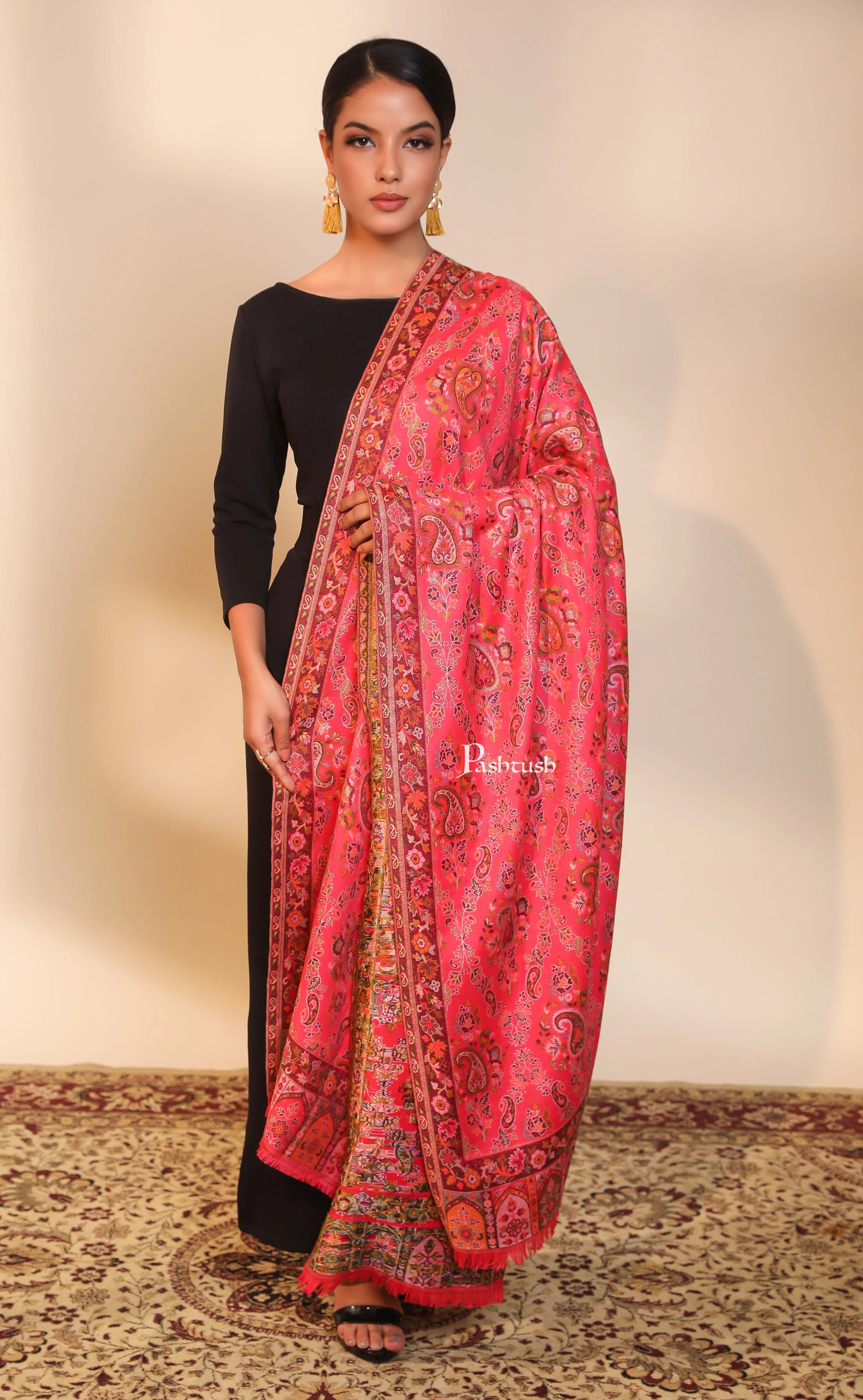 Pashtush women faux pashmina shawl, ethnic weave design, multi color - Image 3