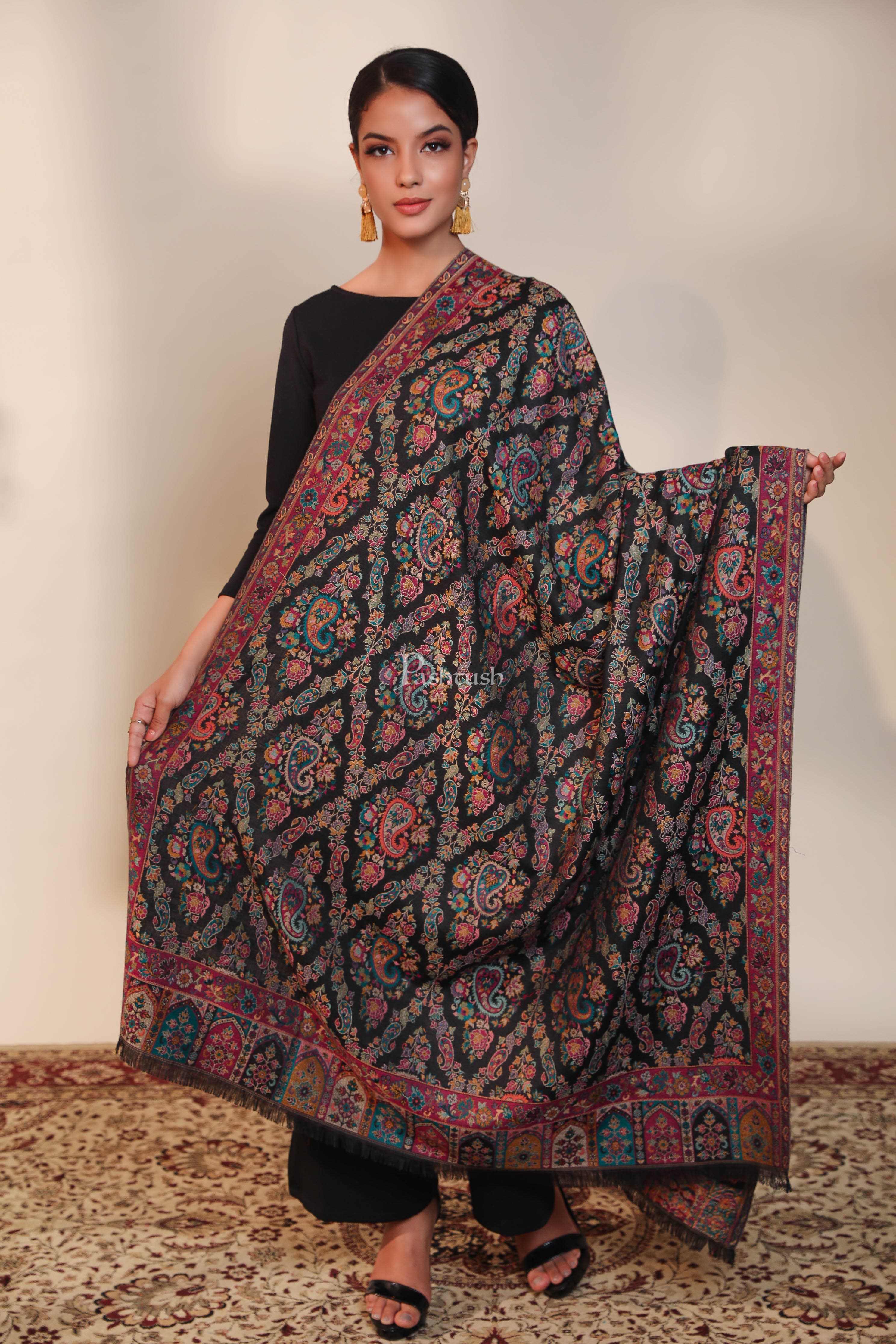 Pashtush women faux pashmina shawl, ethnic weave design, multi color - Image 2