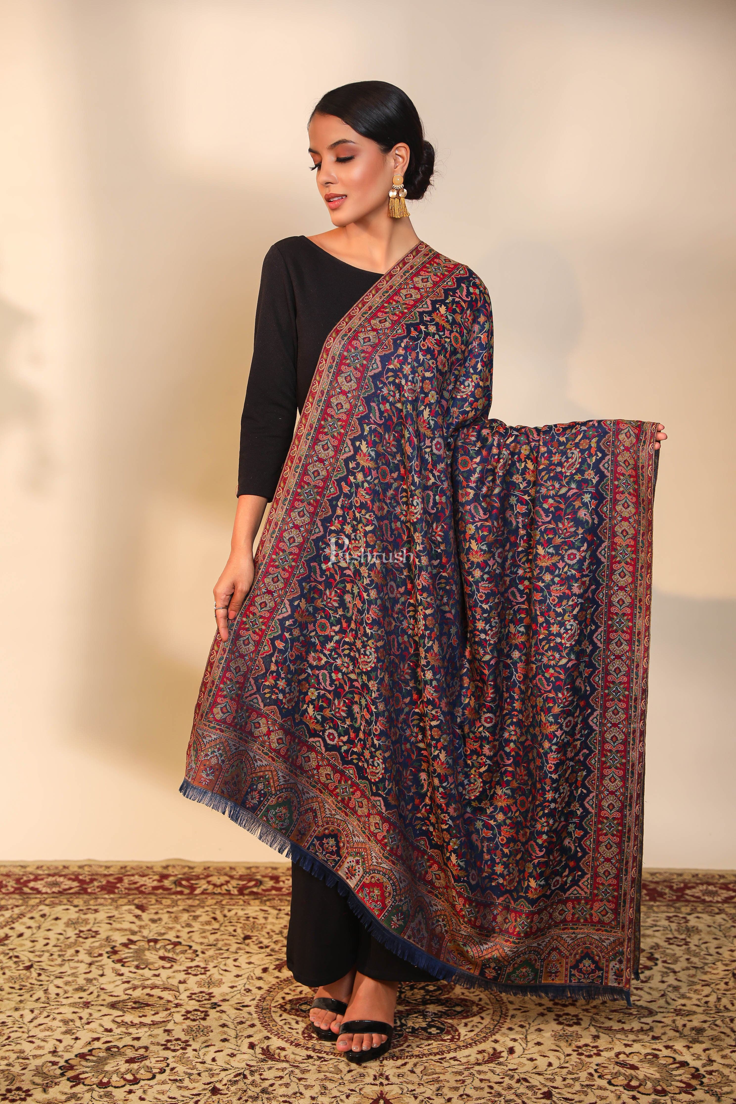 Pashtush women faux pashmina shawl, ethnic weave design, navy blue - Image 2
