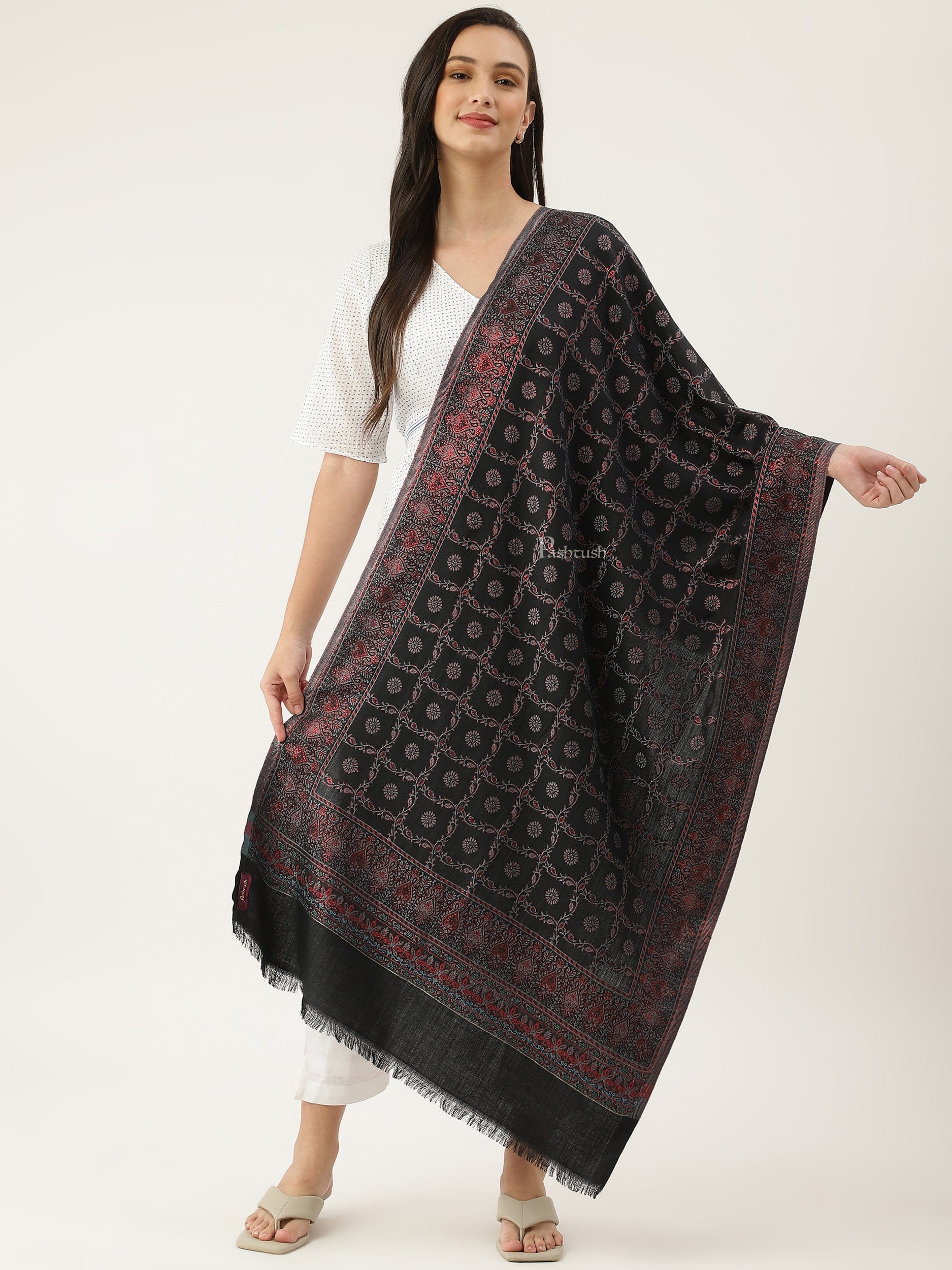 Pashtush women Faux Pashmina stole, paisley weave with zari design, Black (Twilight)