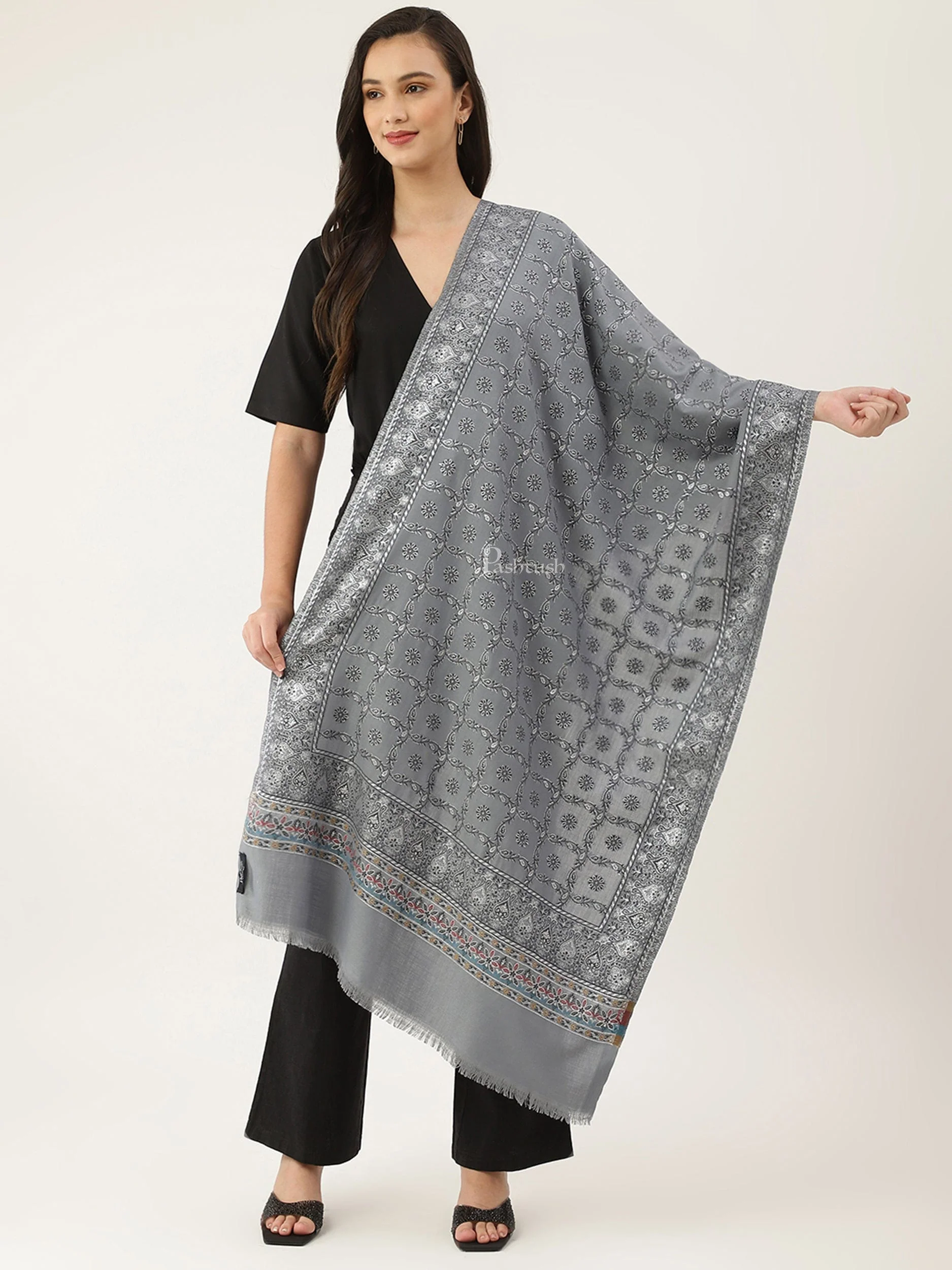 Pashtush women Faux Pashmina stole, paisley weave with zari design, Grey - Image 3