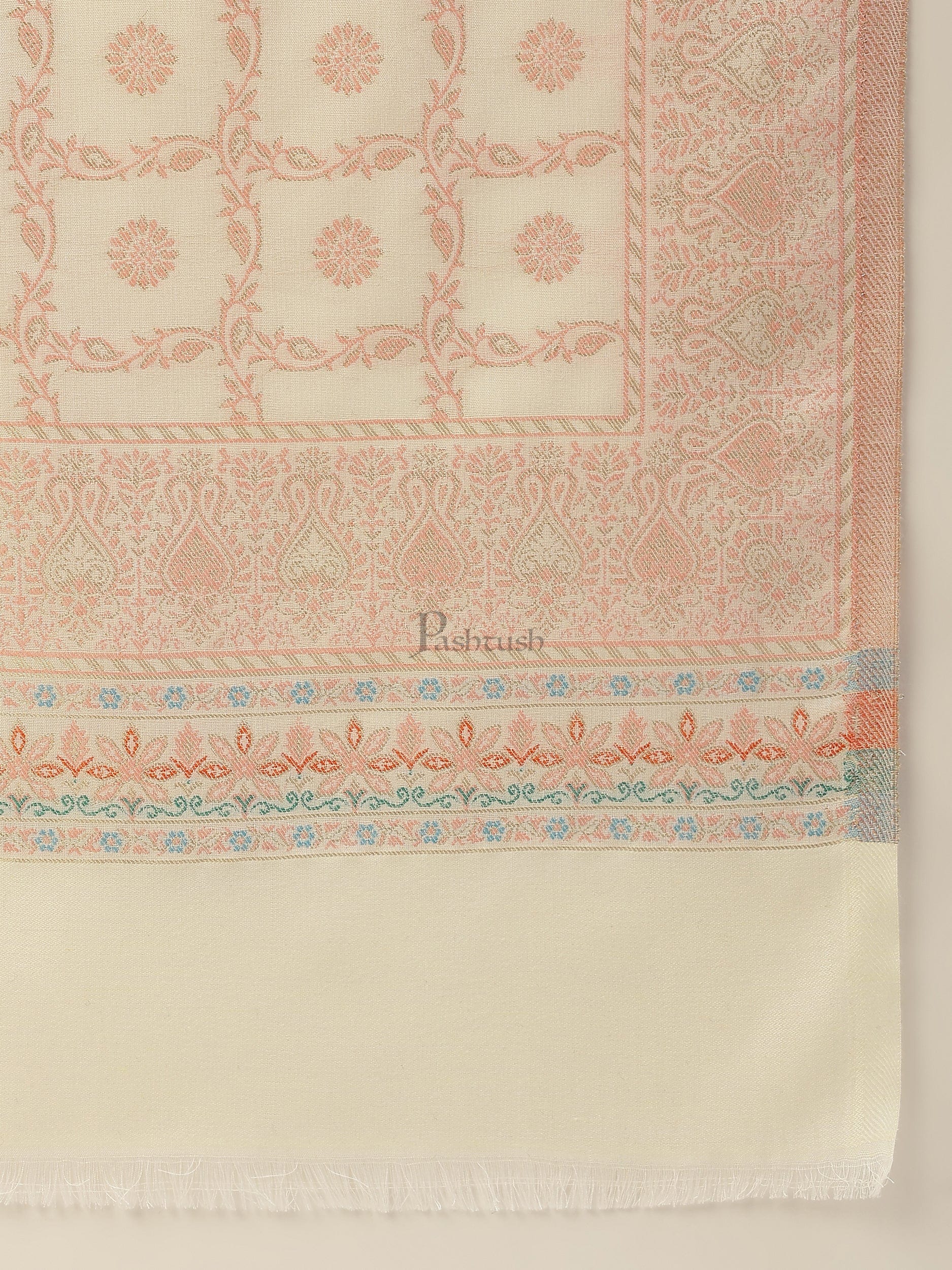 Pashtush women Faux Pashmina stole, paisley weave with zari design, Ivory - Image 2