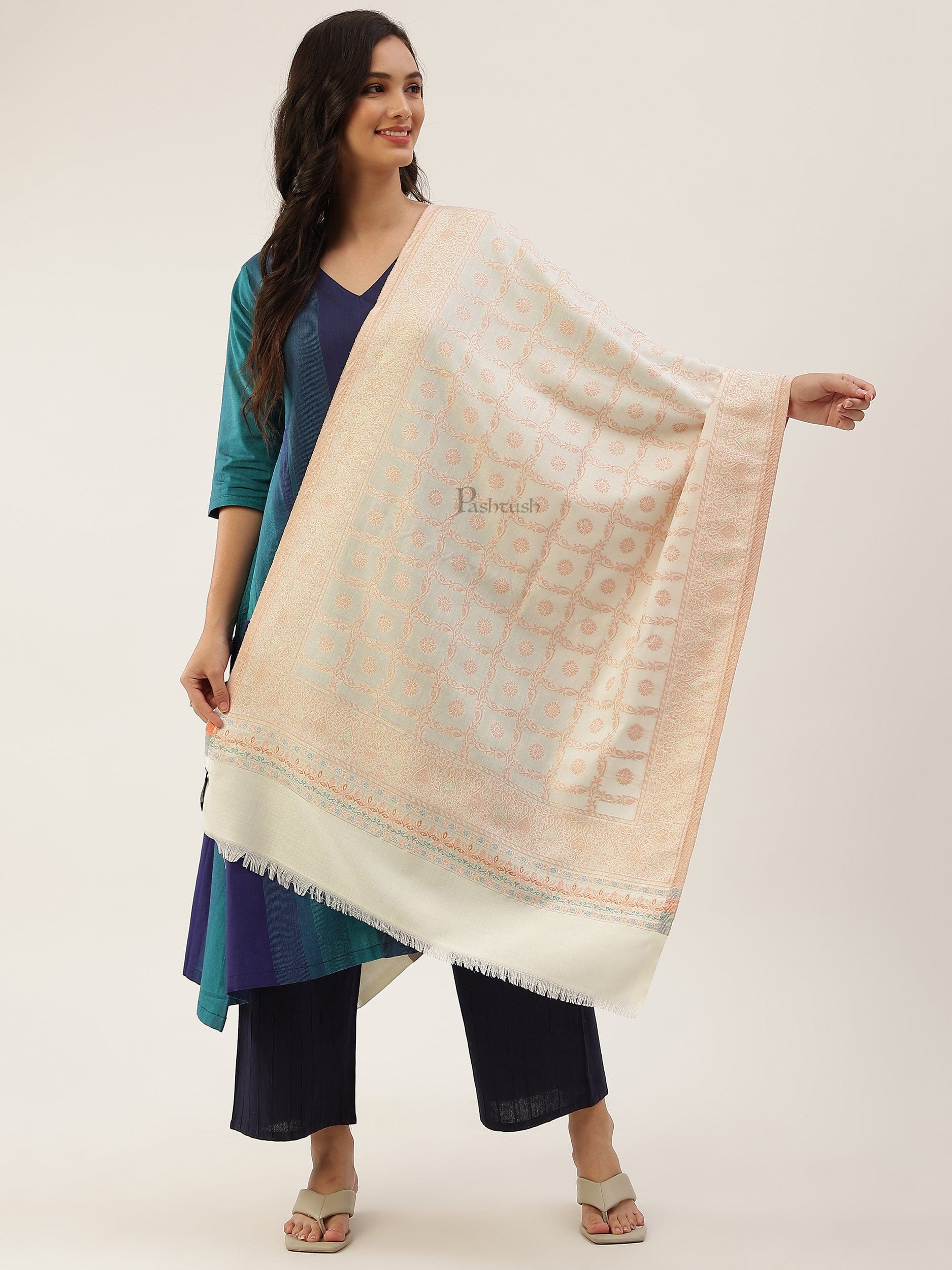 Pashtush women Faux Pashmina stole, paisley weave with zari design, Ivory - Image 3
