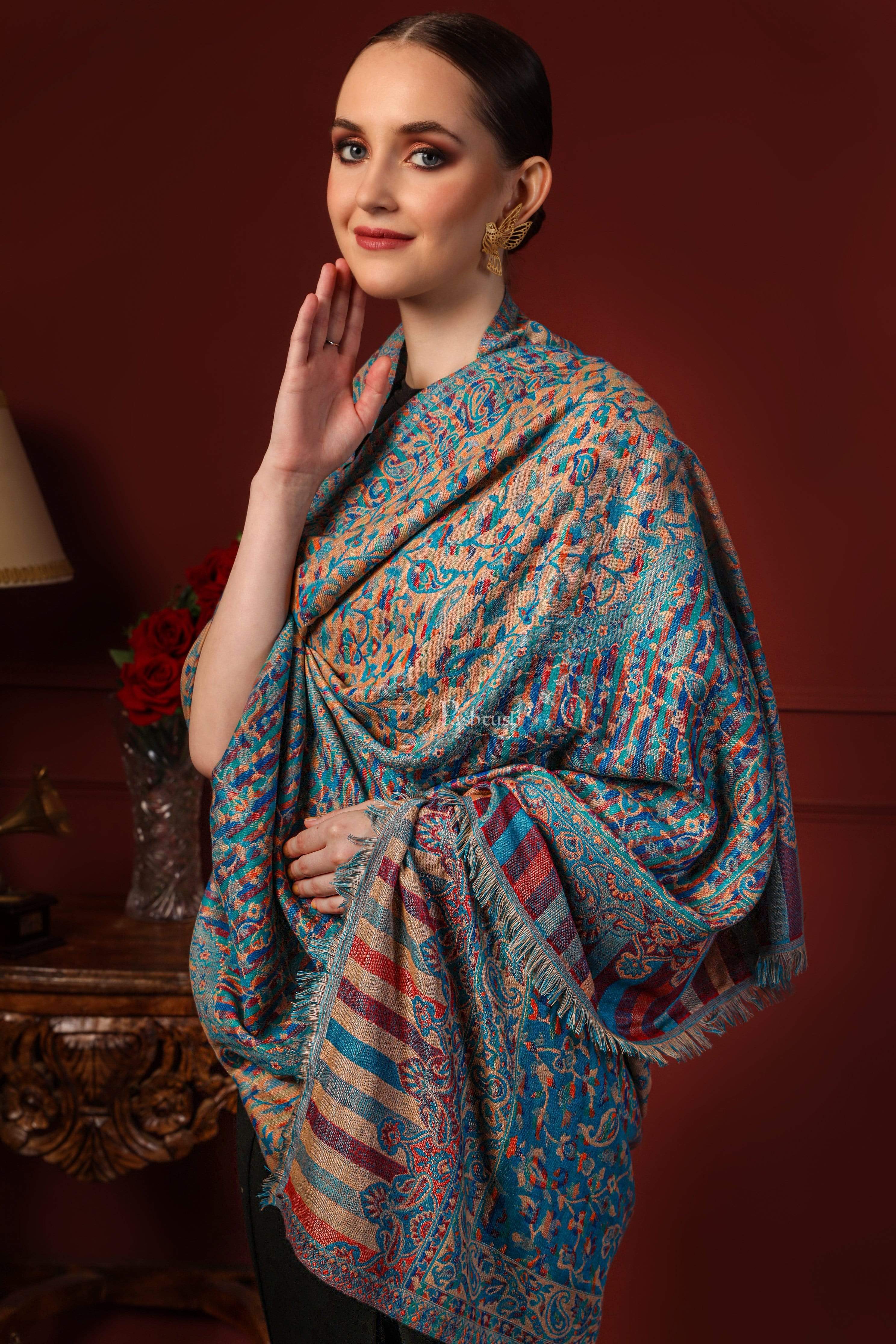 Pashtush Women Faux Pashmina, Woven Design Jamawar Shawl, Blue Beige - Image 3