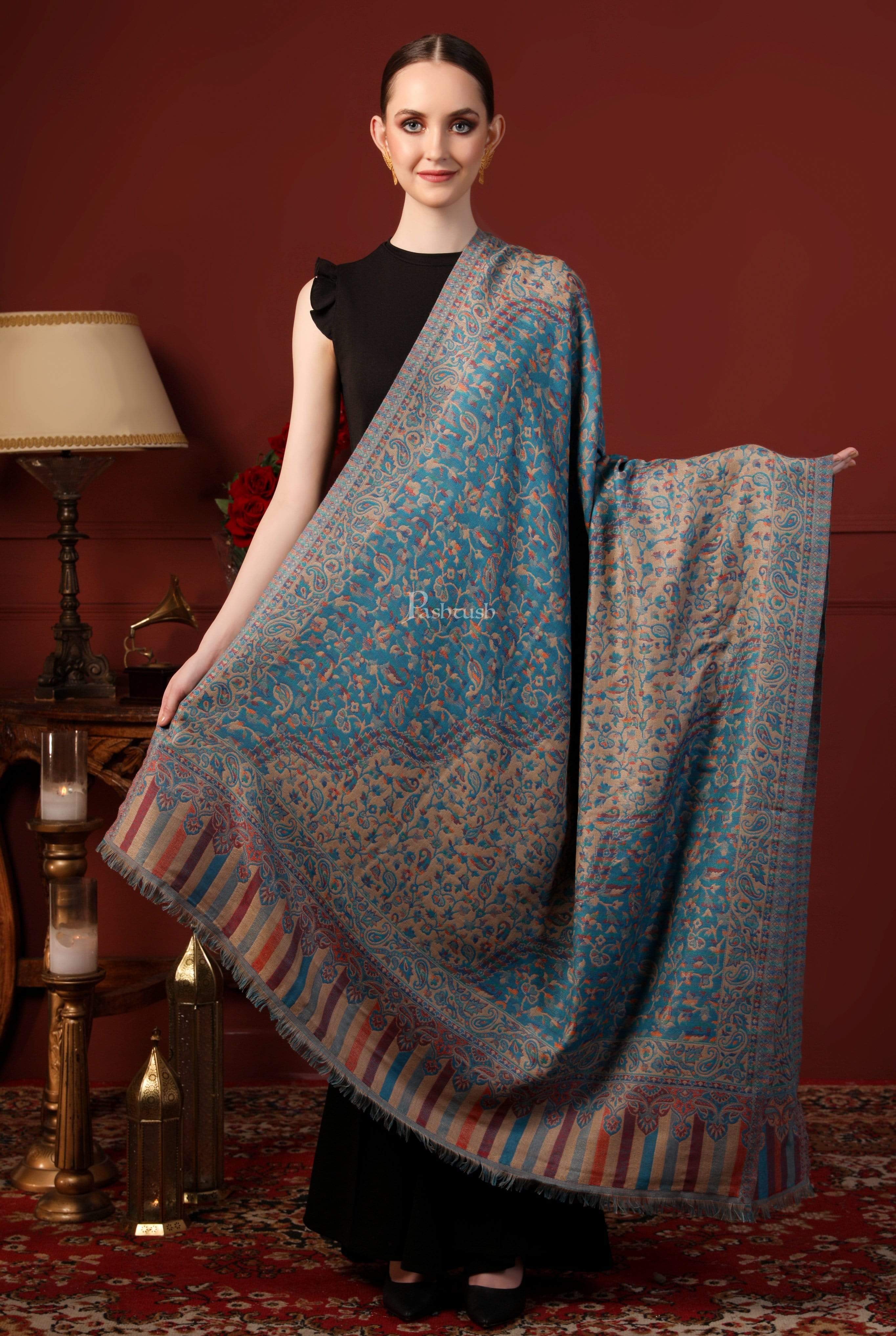 Pashtush Women Faux Pashmina, Woven Design Jamawar Shawl, Blue Beige - Image 4