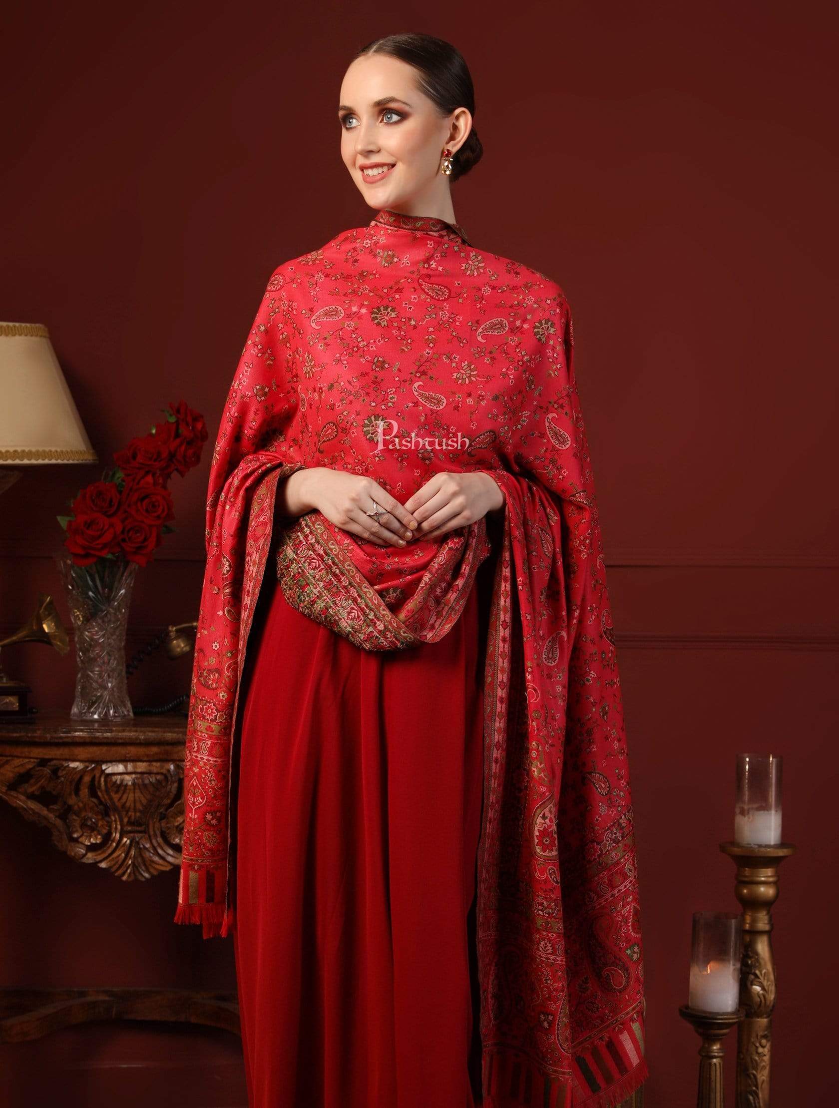 Pashtush Women Faux Pashmina Woven Design Ethnic Shawl, Fuscia Pink - Image 4