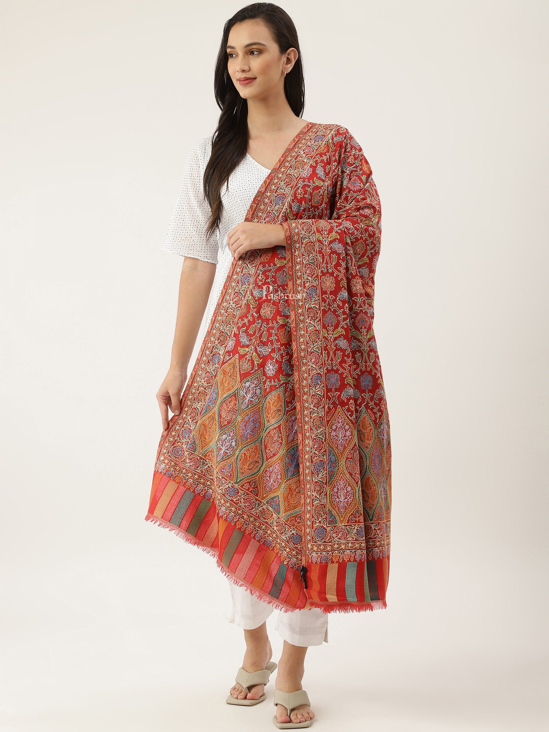 Pashtush women Fine Wool shawl, Hand Embroidered Kalamkari design, Multicolour - Image 3