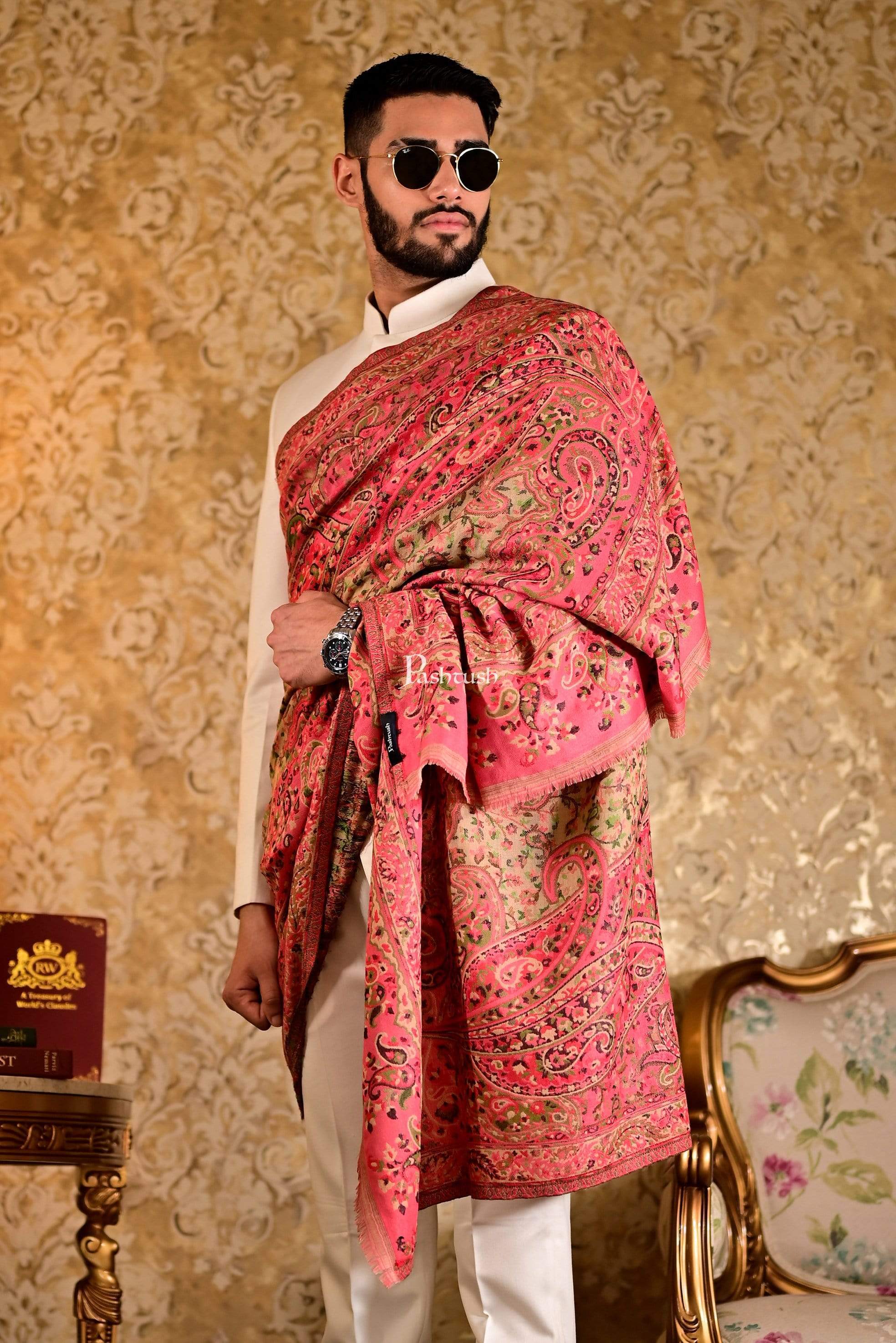 Pashtush Mens Ethnic Weave Stole, Rich Garden, Pink And Beige