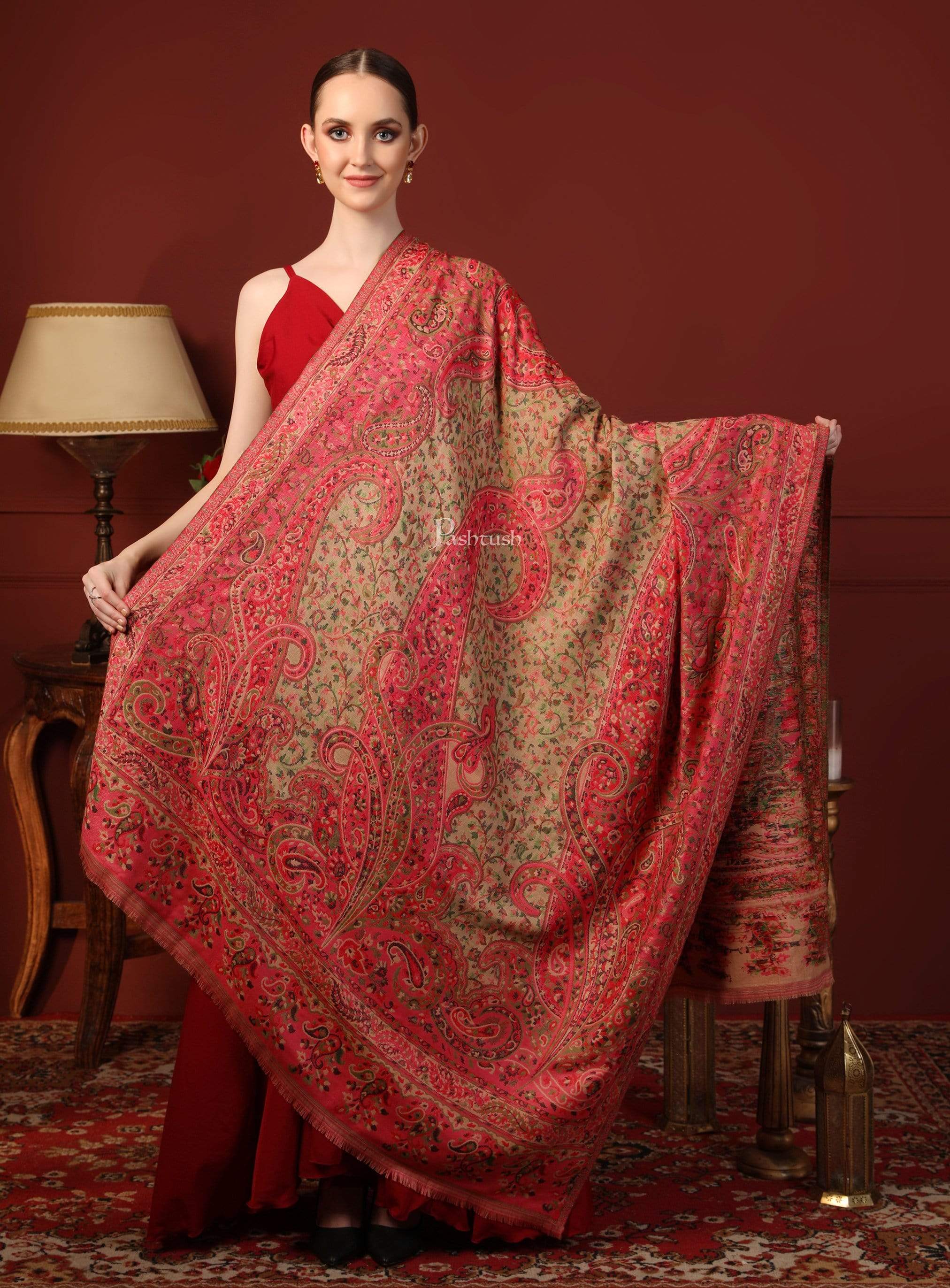 Pashtush Women Ethnic Weave Shawl, Rich Garden, Pink And Beige