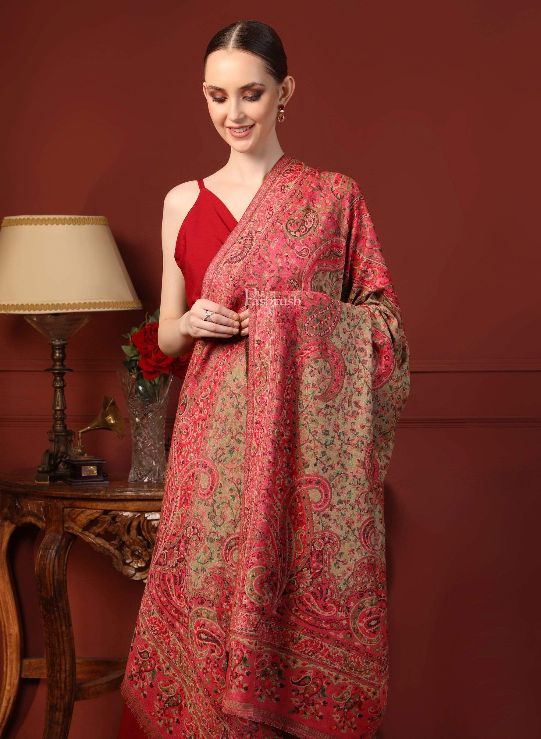 Pashtush Women Ethnic Weave Shawl, Rich Garden, Pink And Beige - Image 4