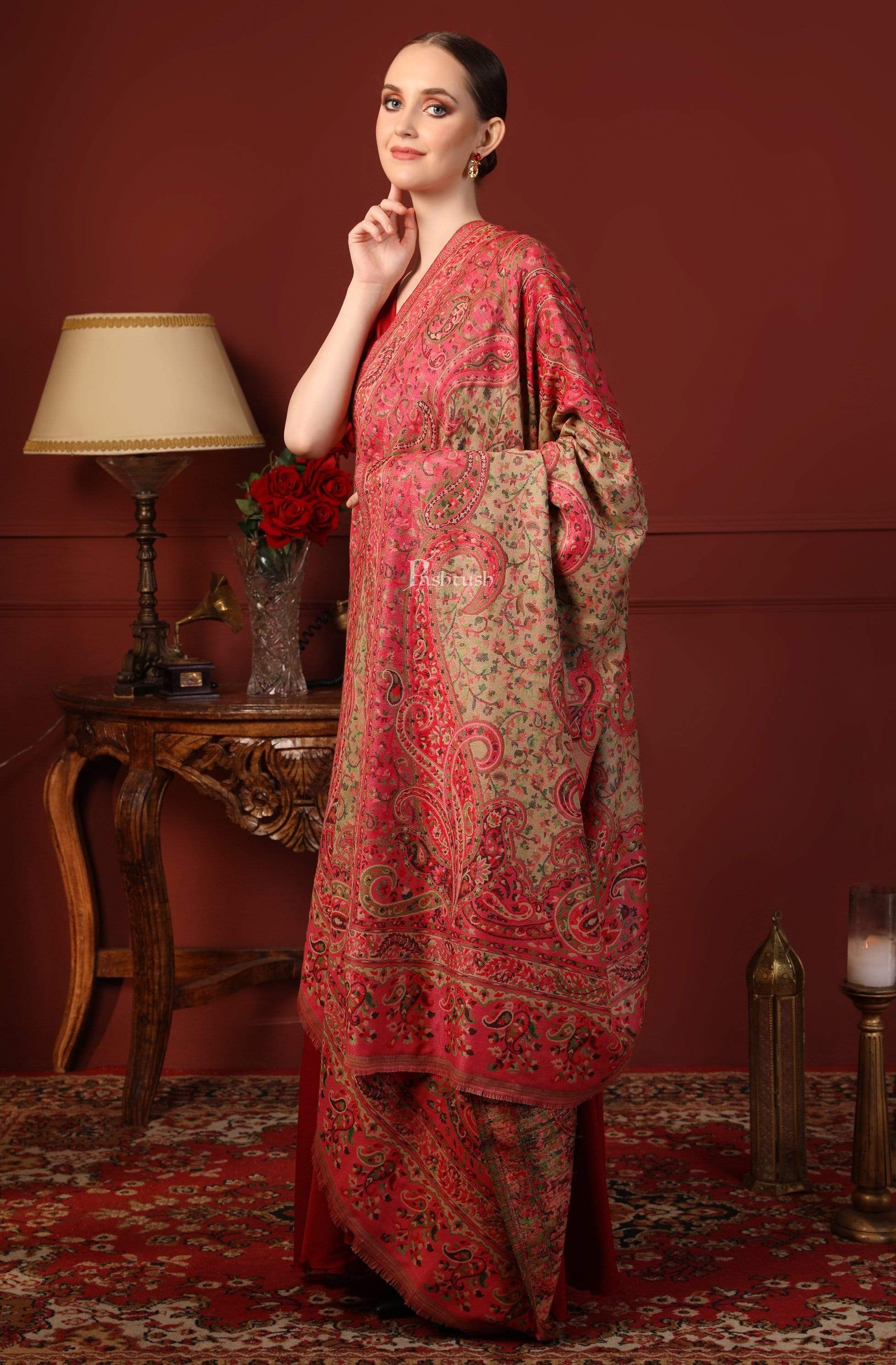 Pashtush Women Ethnic Weave Shawl, Rich Garden, Pink And Beige - Image 5