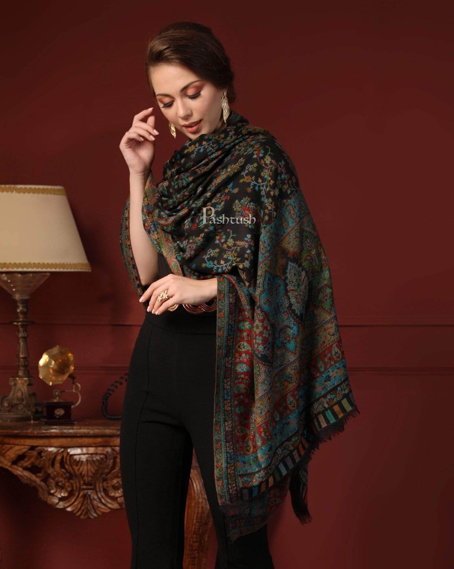 Pashtush Women Multi-Coloured Pure Wool Woven Design Ethnic Stole