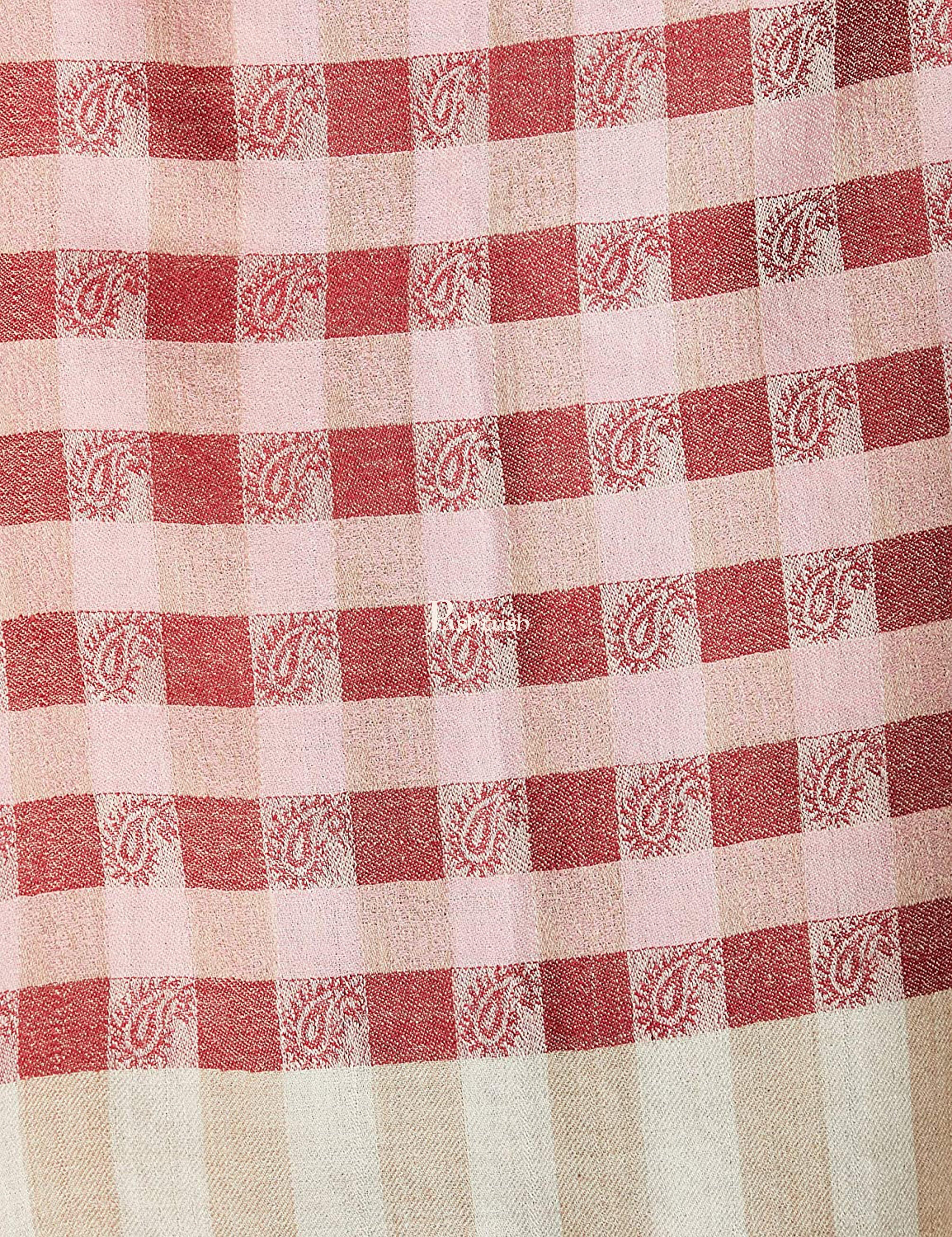 Pashtush Women’s Extra Fine Soft Wool Checkered Stole, Beige And Maroon - Image 3