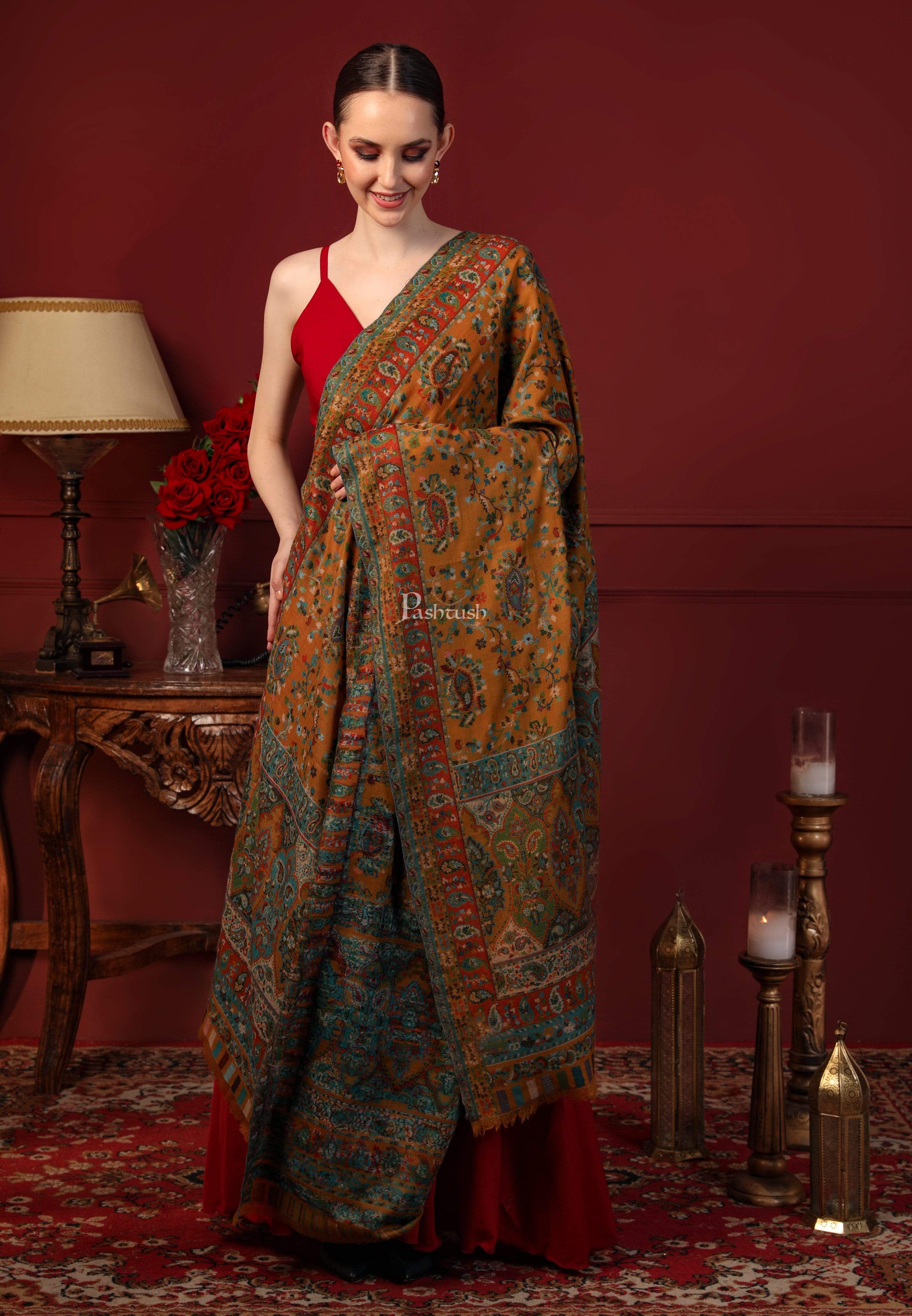 Pashtush Women Multi-Coloured 100% Pure Wool Woven Design Ethnic Stole