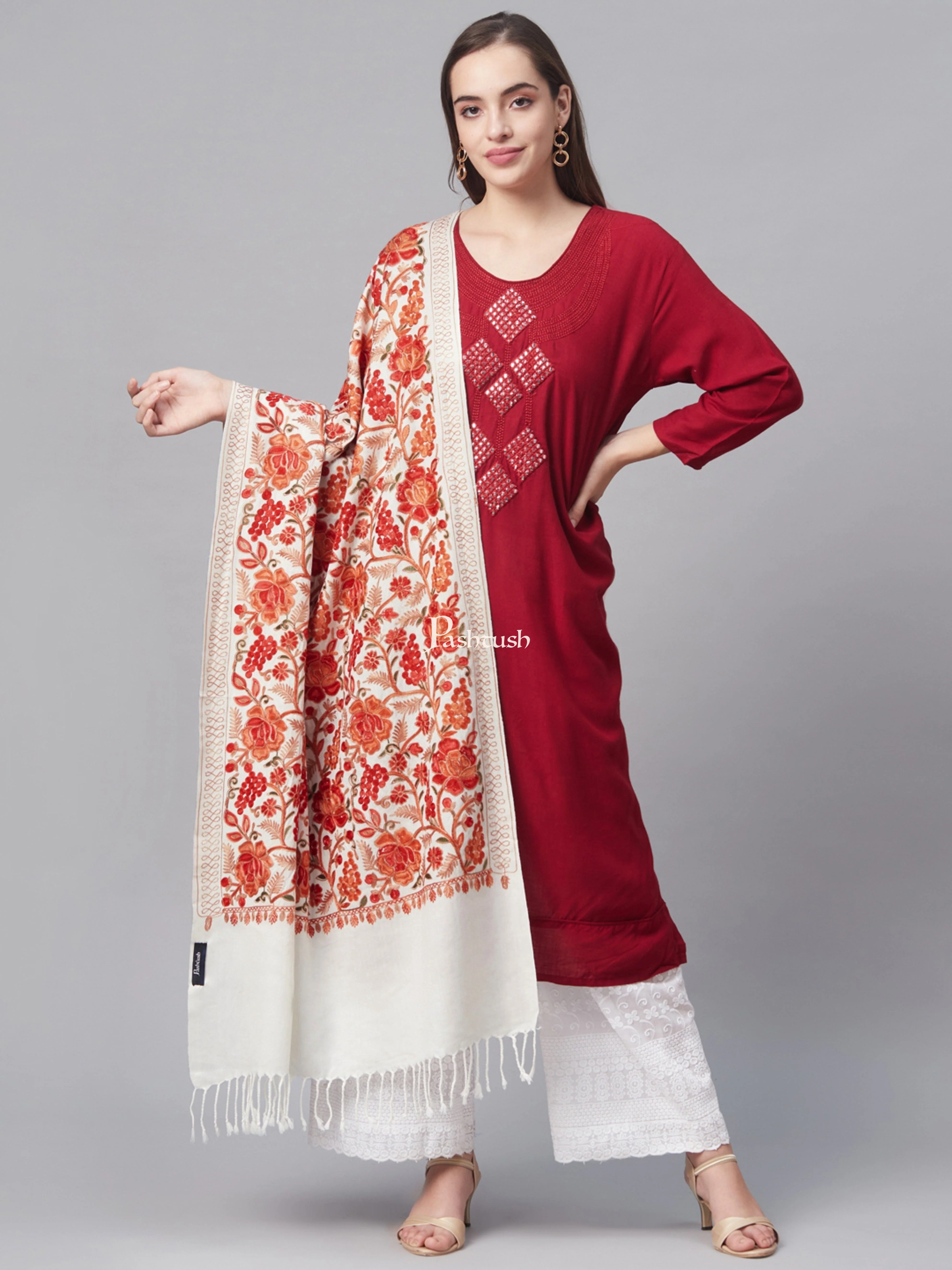 Pashtush Womens Fine Wool, Light Weight, Gulaabdar Aari Embroidery Stole,
