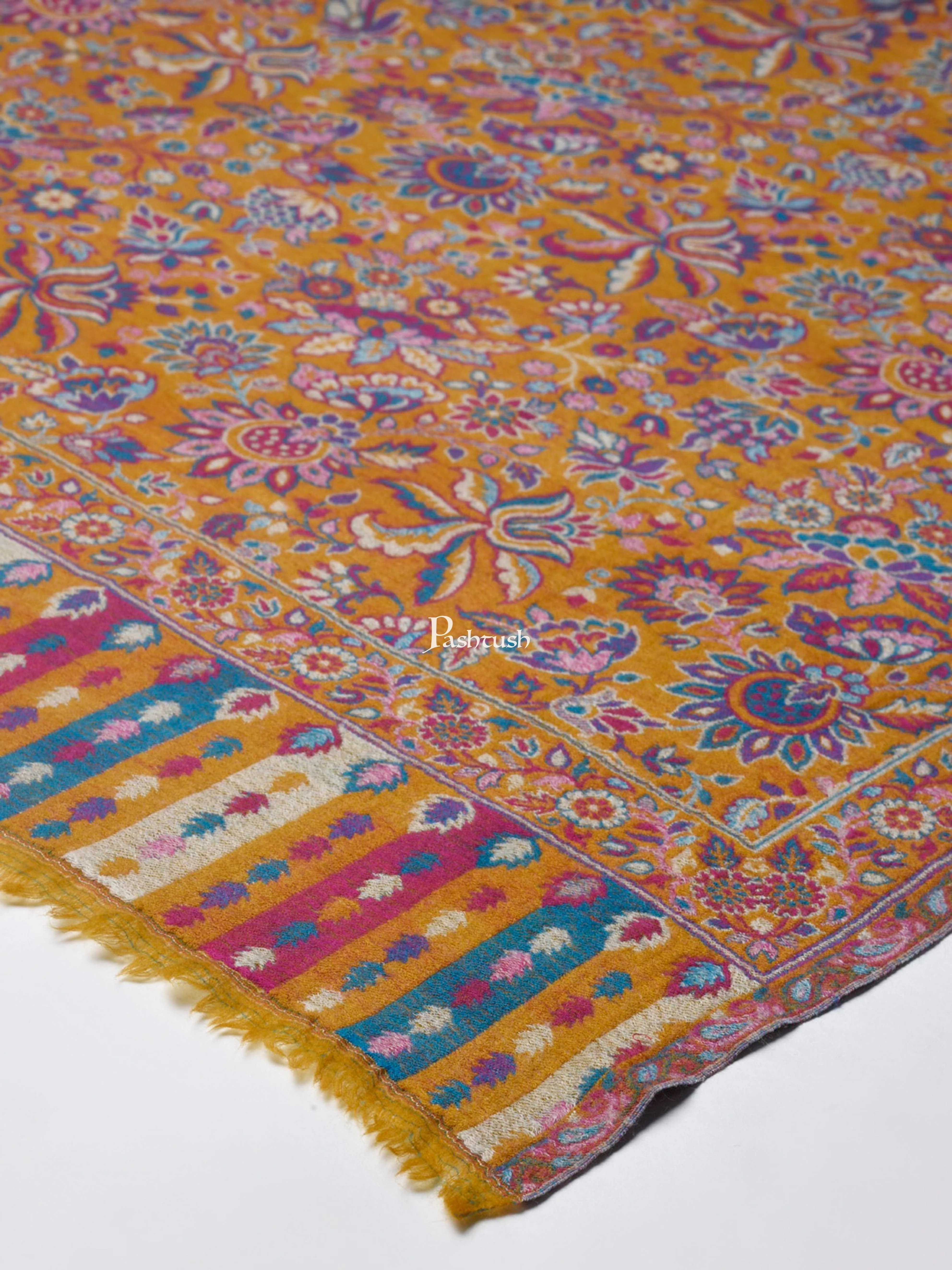 Pashtush Womens Pure Wool Ethnic Shawl, Reversible Weave, With Woolmark Certification, Mustard And Blue - Image 2