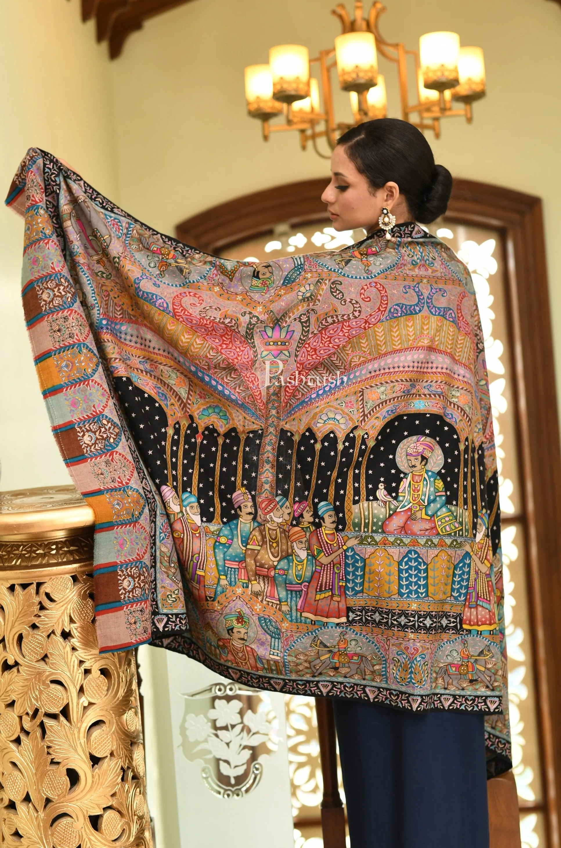 Pashtush Women Pashmina Hand Embroidered, Hand Painted, Royal Darbar Shawl