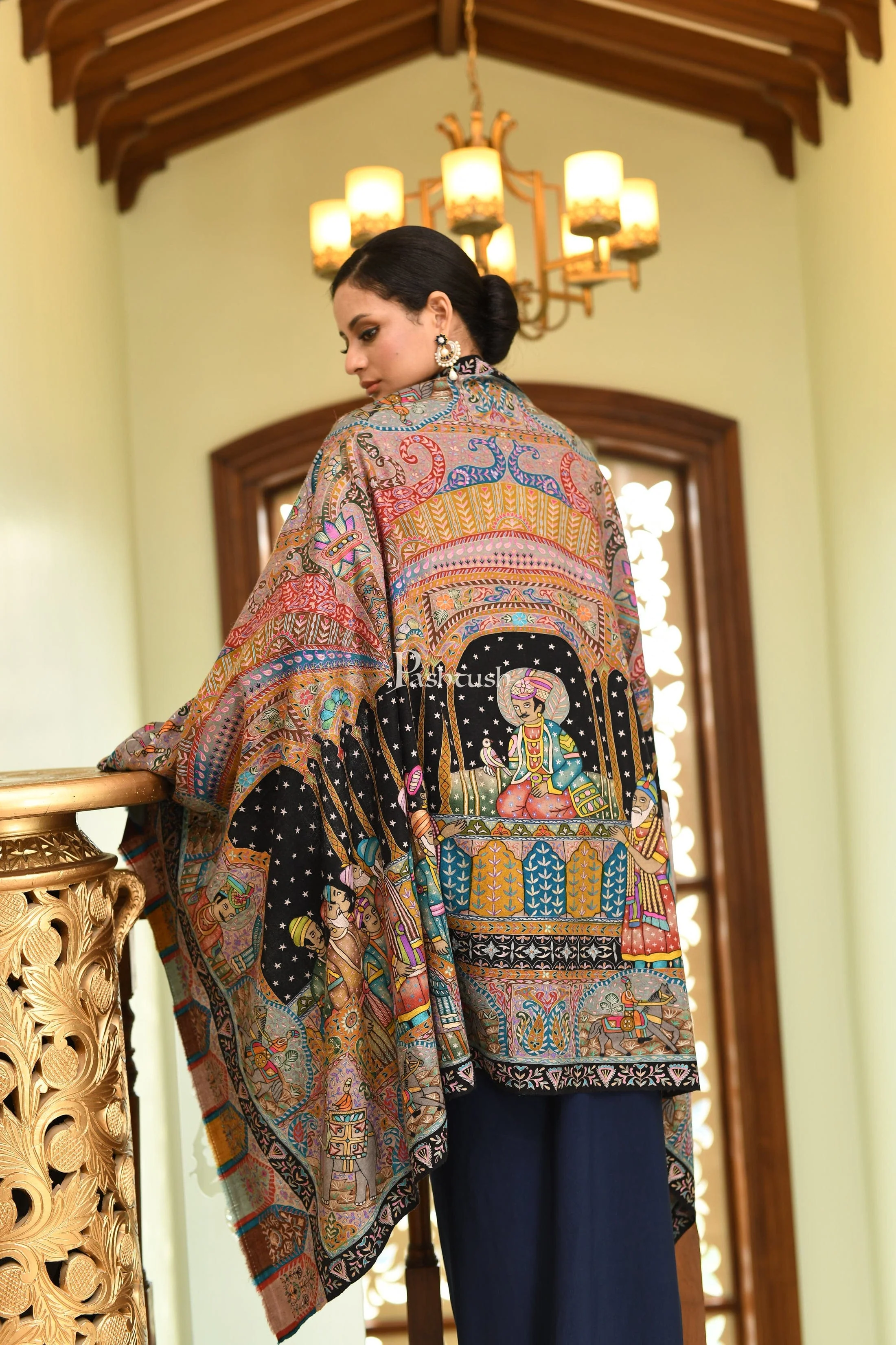 Pashtush Women Pashmina Hand Embroidered, Hand Painted, Royal Darbar Shawl - Image 2