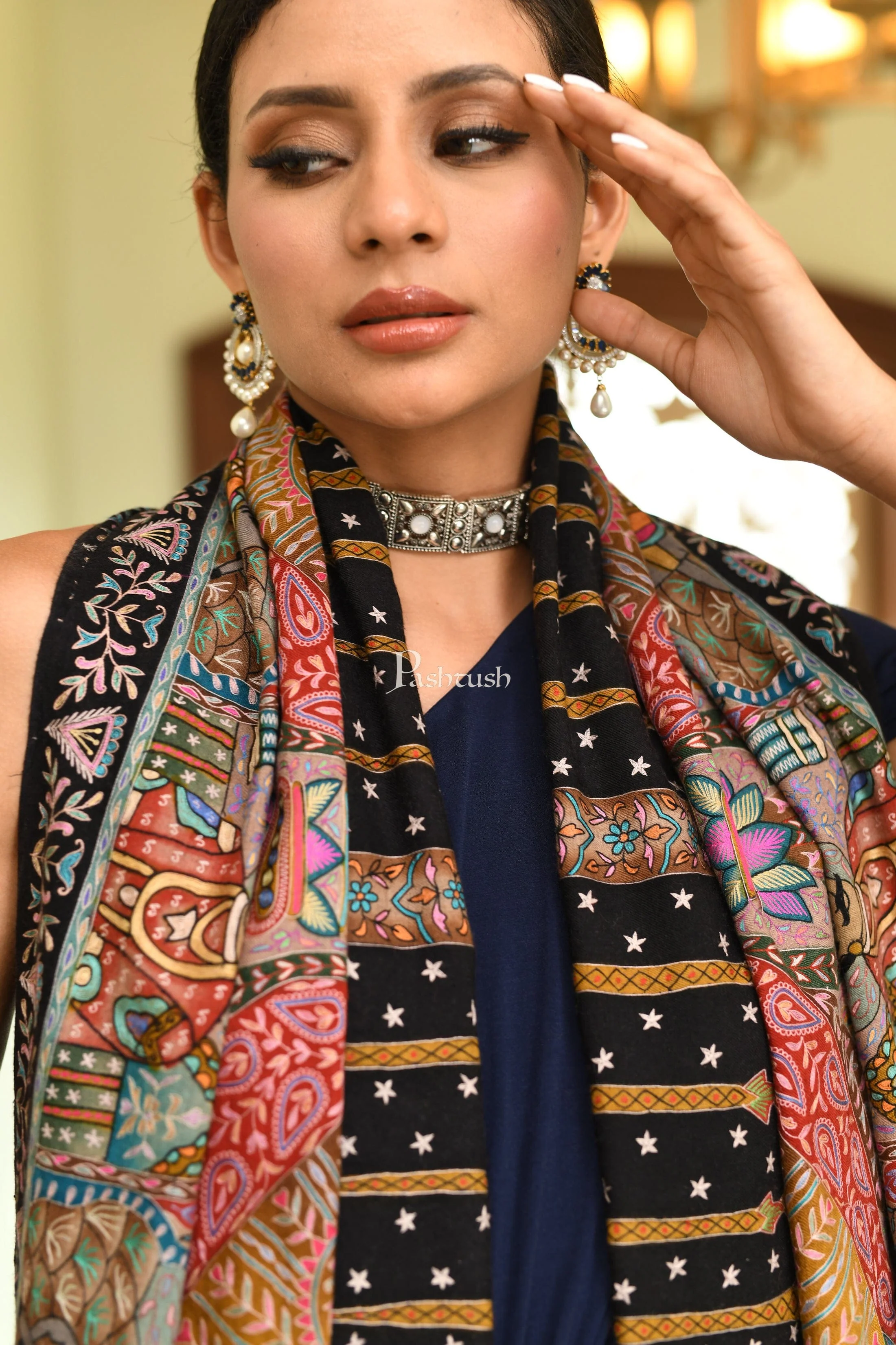 Pashtush Women Pashmina Hand Embroidered, Hand Painted, Royal Darbar Shawl - Image 3