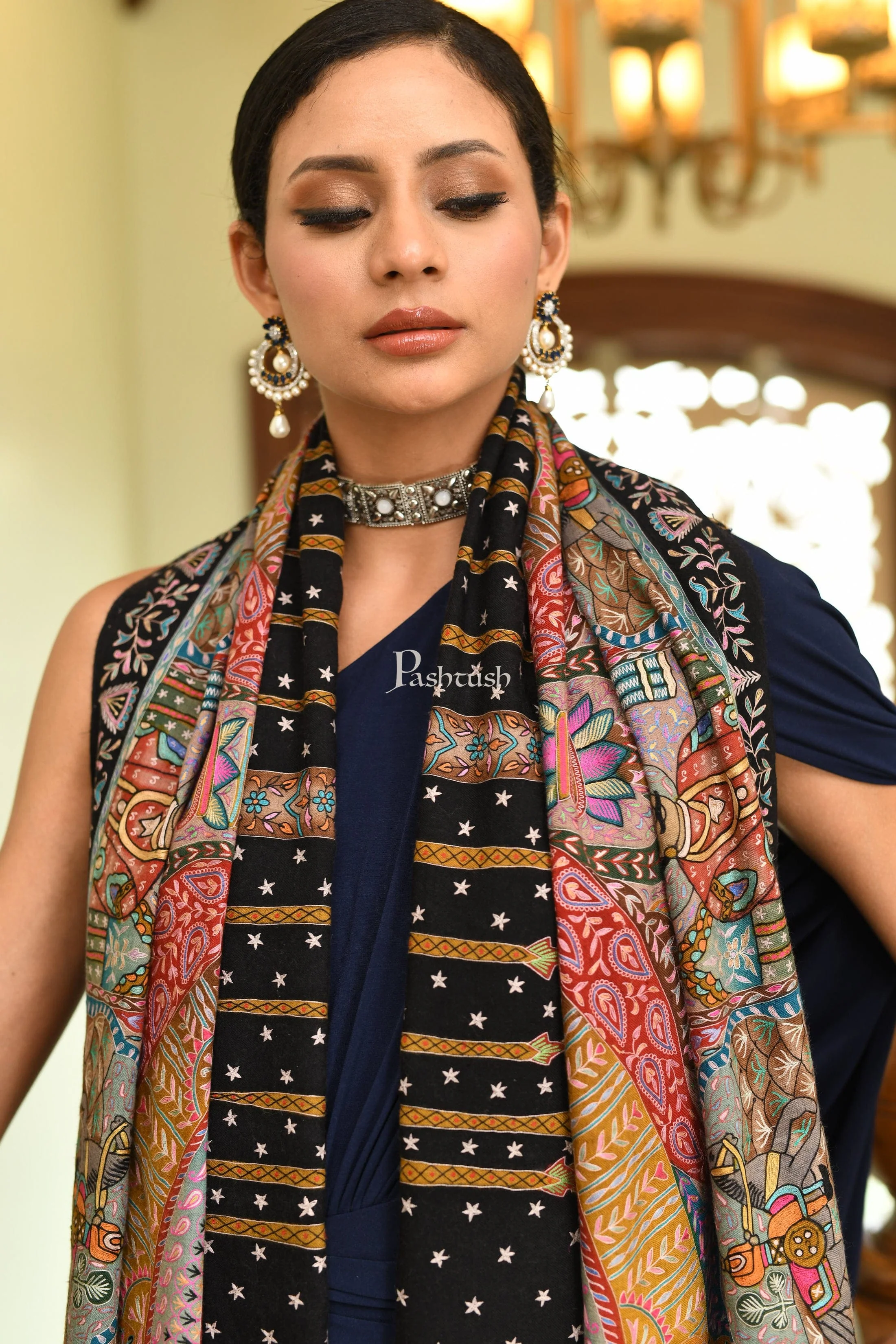 Pashtush Women Pashmina Hand Embroidered, Hand Painted, Royal Darbar Shawl - Image 6