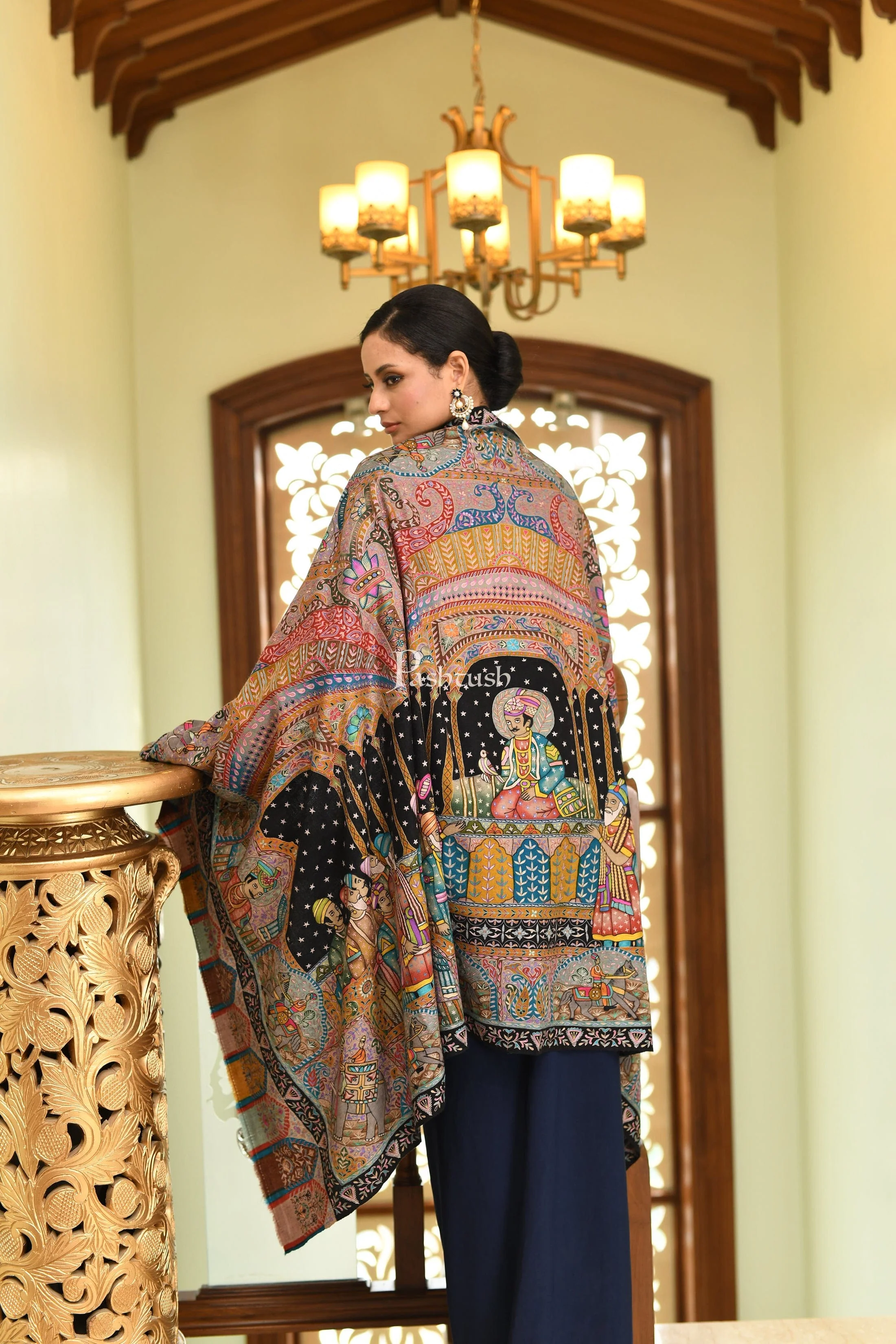 Pashtush Women Pashmina Hand Embroidered, Hand Painted, Royal Darbar Shawl - Image 7