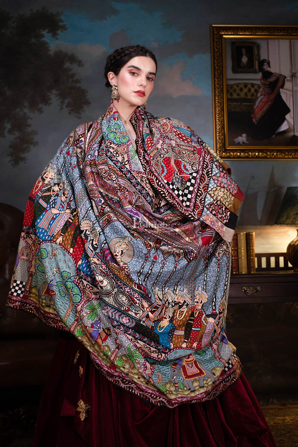 Pashtush Women Pashmina Hand Embroidered Royal Darbar Shawl, Multicolour