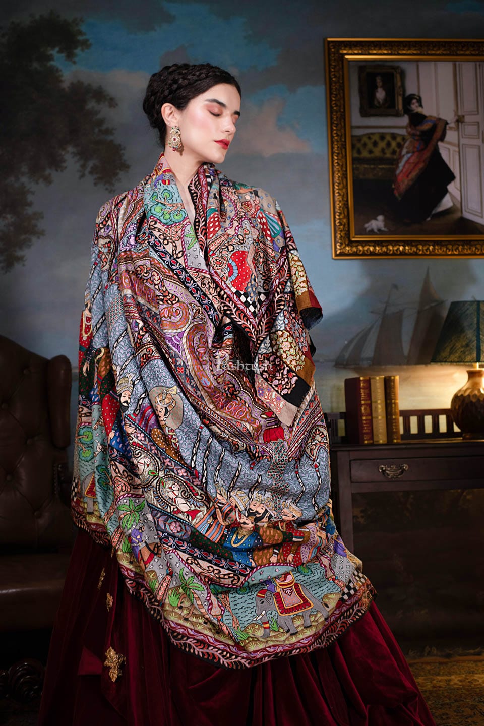 Pashtush Women Pashmina Hand Embroidered Royal Darbar Shawl, Multicolour - Image 3