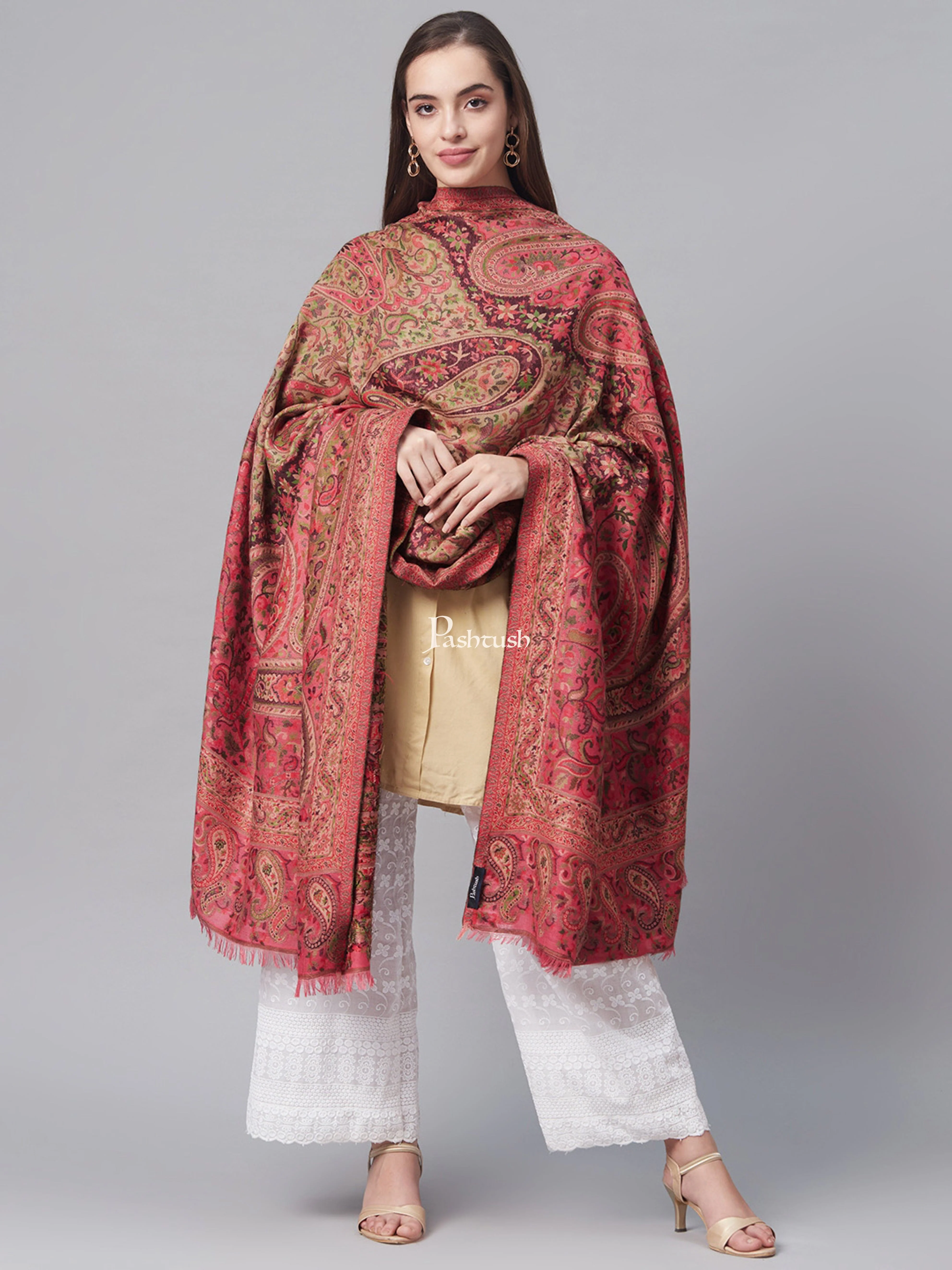 Pashtush Women Pink  Beige Woven Design Jamawar Shawl