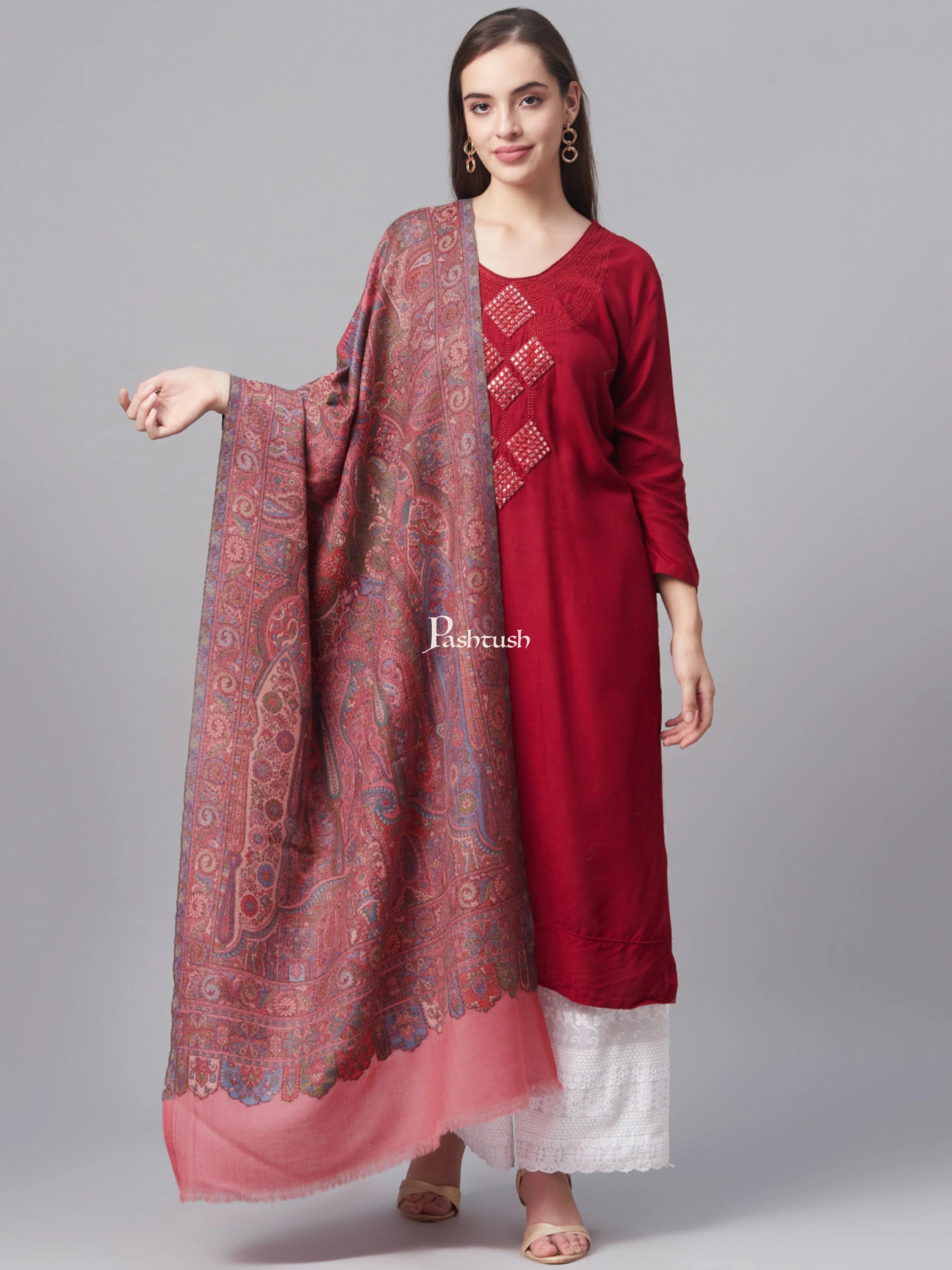 Pashtush Women 100% Pure Wool Woven Kalamkari Weave Shawl, With Woolmark Certificate