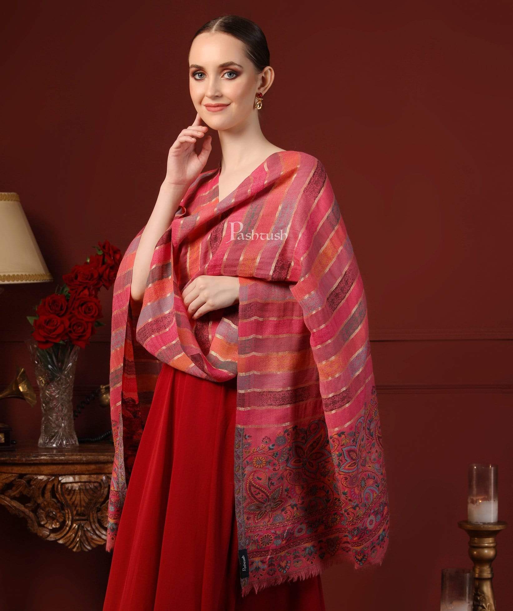Pashtush Women Pink Pure Wool Striped Ethnic Stole