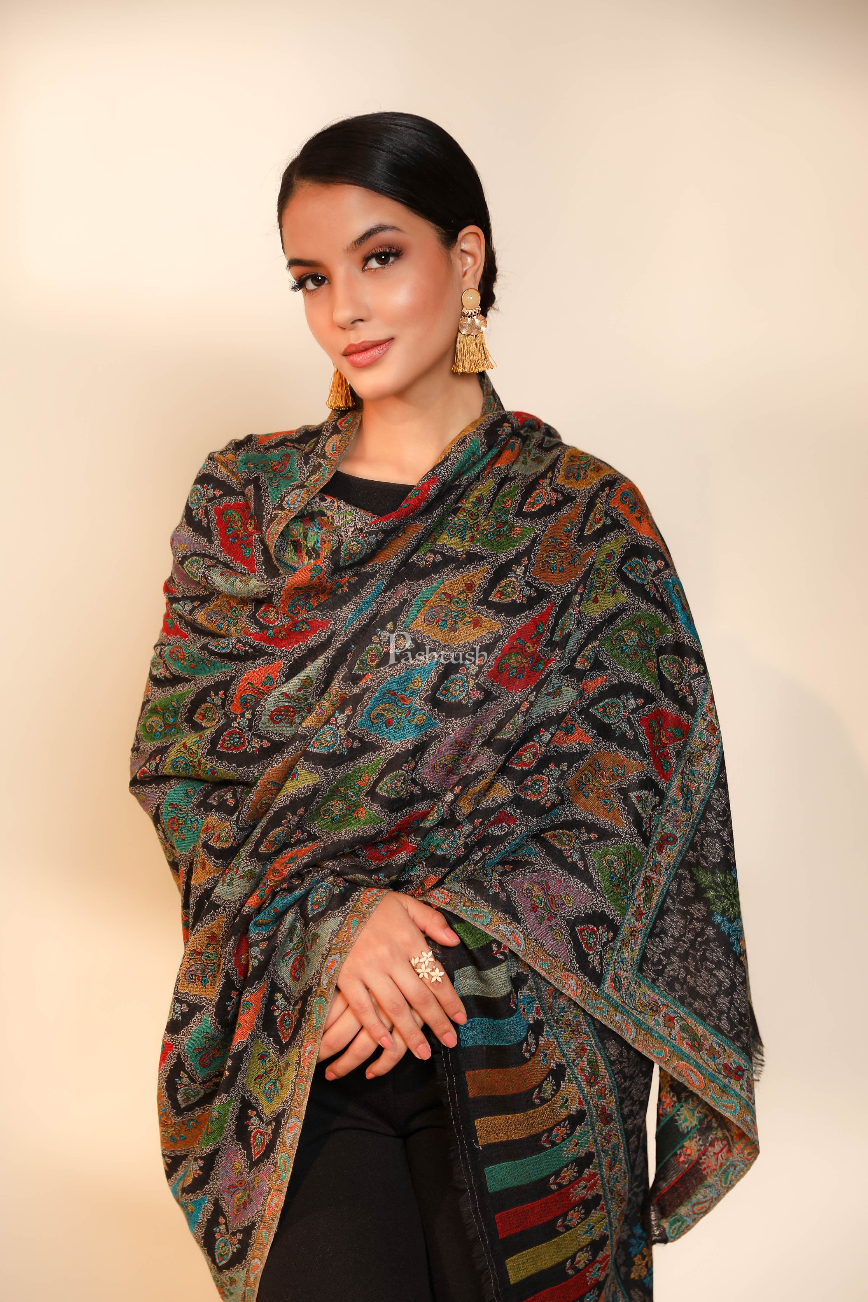 Pashtush women pure wool, woolmark certified shawl, ethnic weave design, black - Image 3