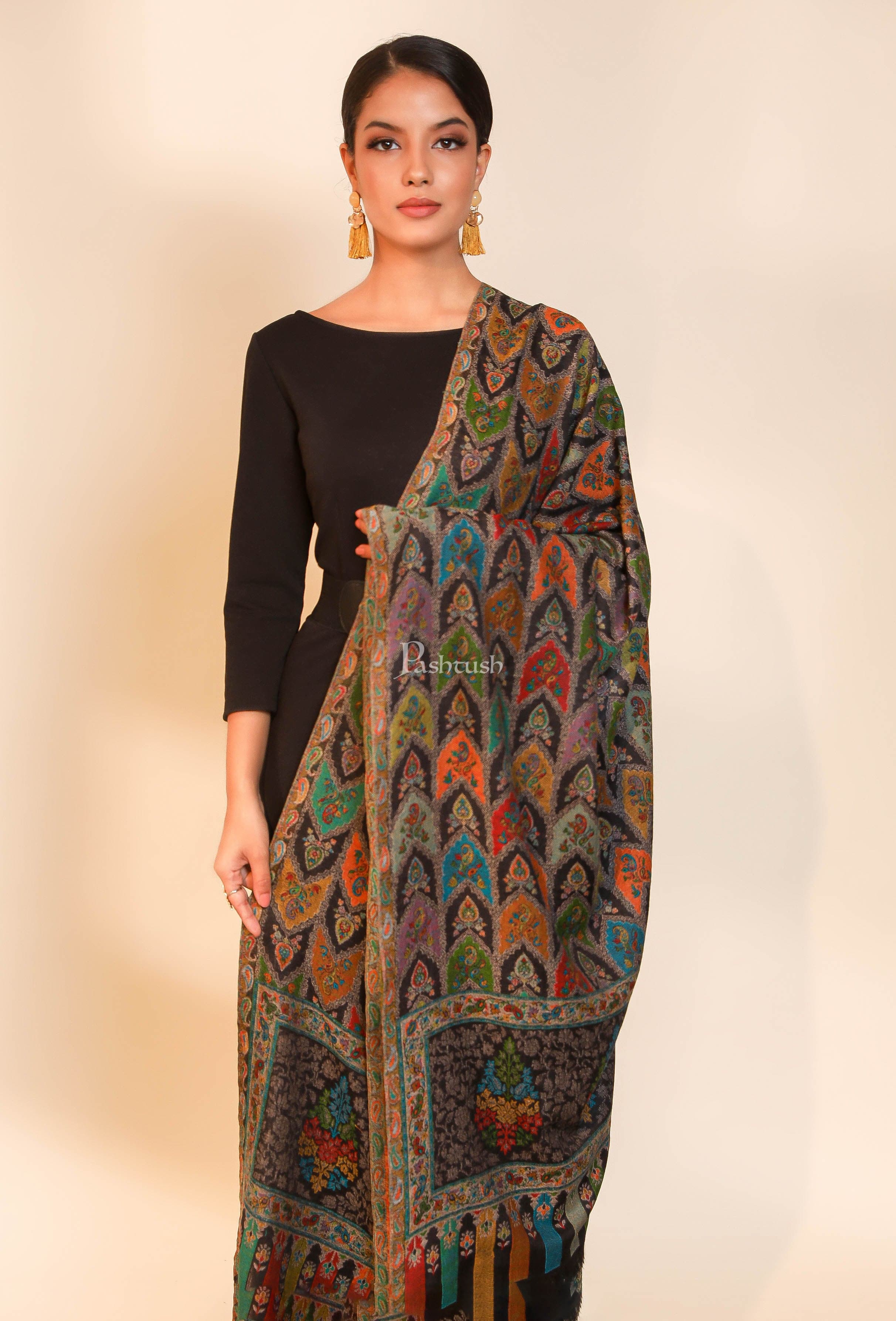 Pashtush women pure wool, woolmark certified shawl, ethnic weave design, black - Image 7