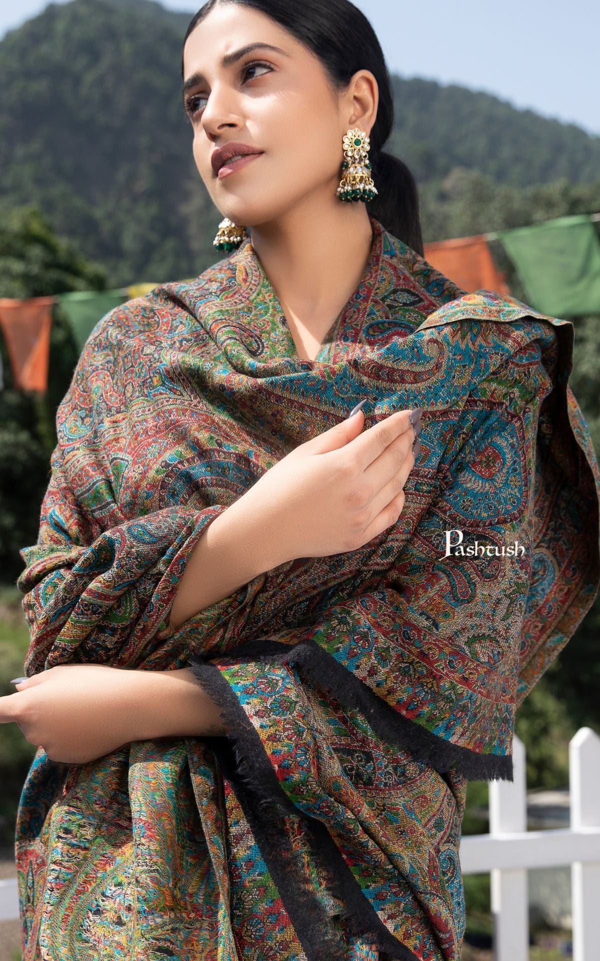 Pashtush women pure wool, woolmark certified shawl, ethnic weave design, multicolour