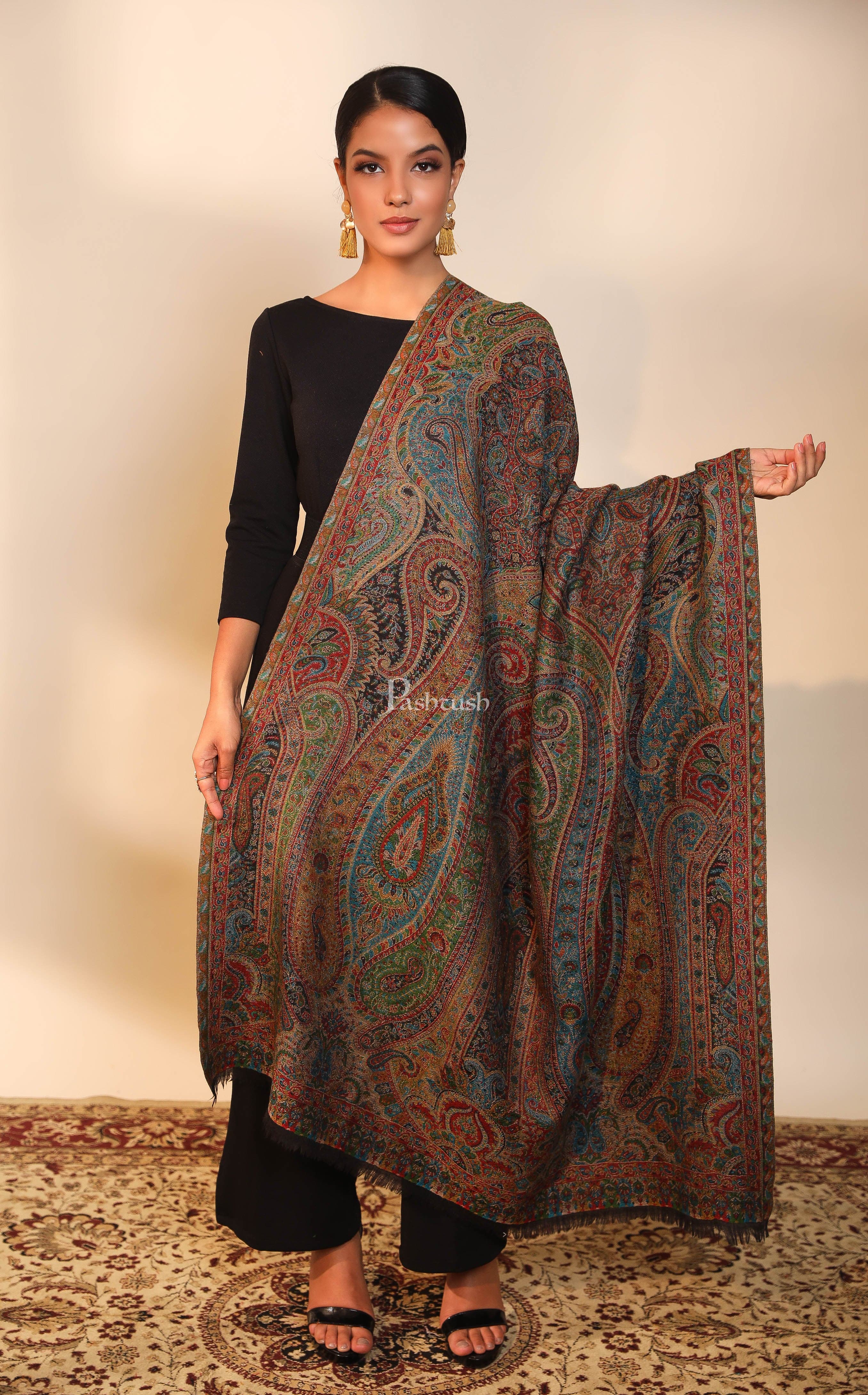 Pashtush women pure wool, woolmark certified shawl, ethnic weave design, multicolour - Image 5