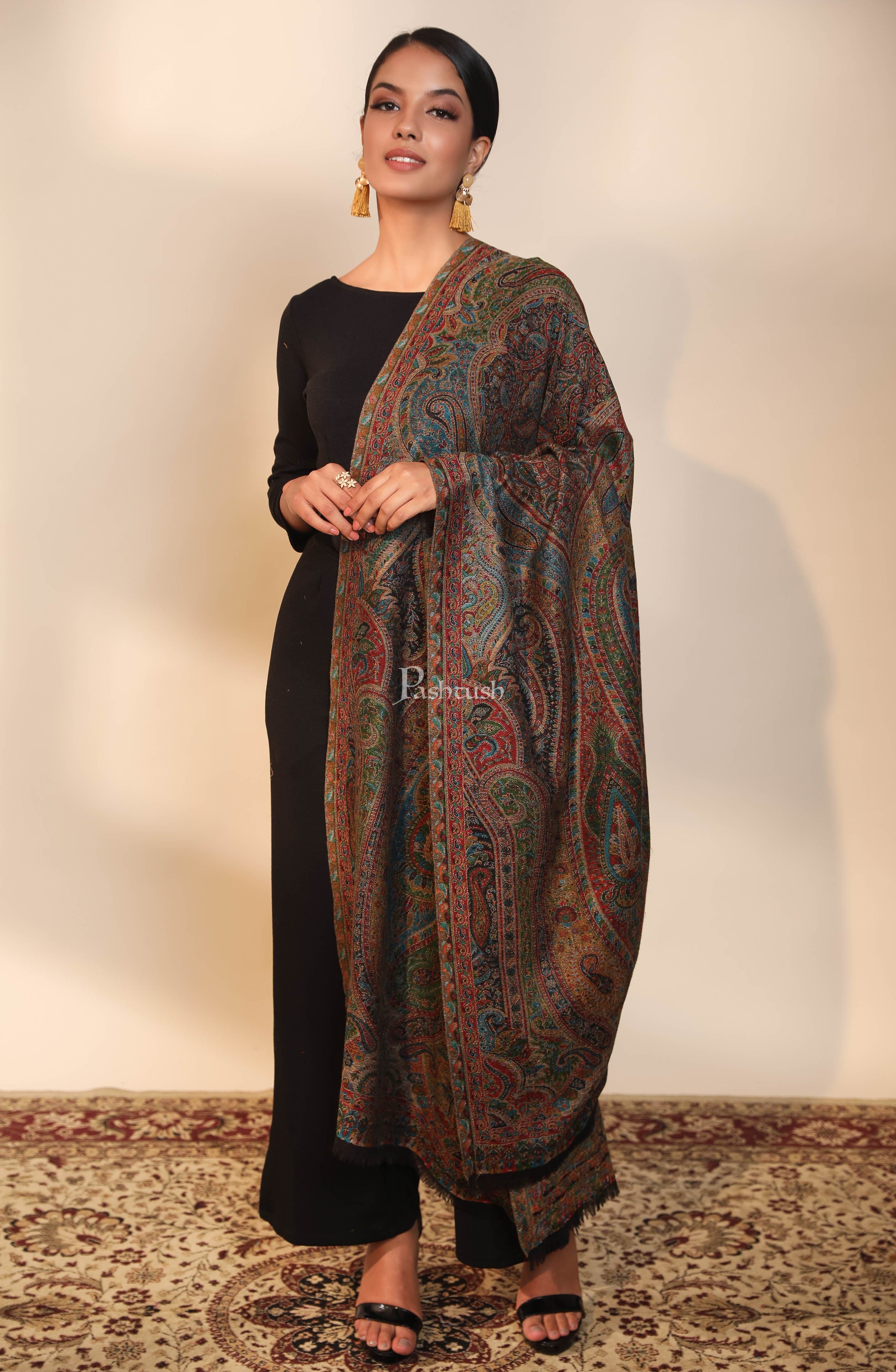 Pashtush women pure wool, woolmark certified shawl, ethnic weave design, multicolour - Image 6